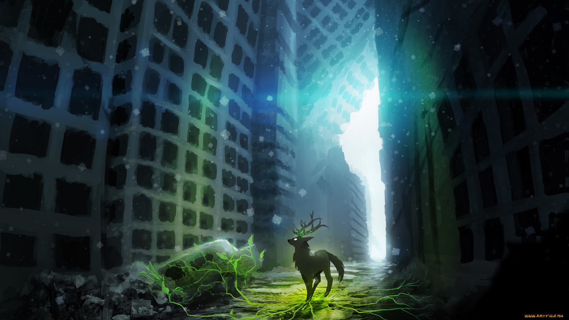 фэнтези, существа, сияние, арт, здания, существо, олень