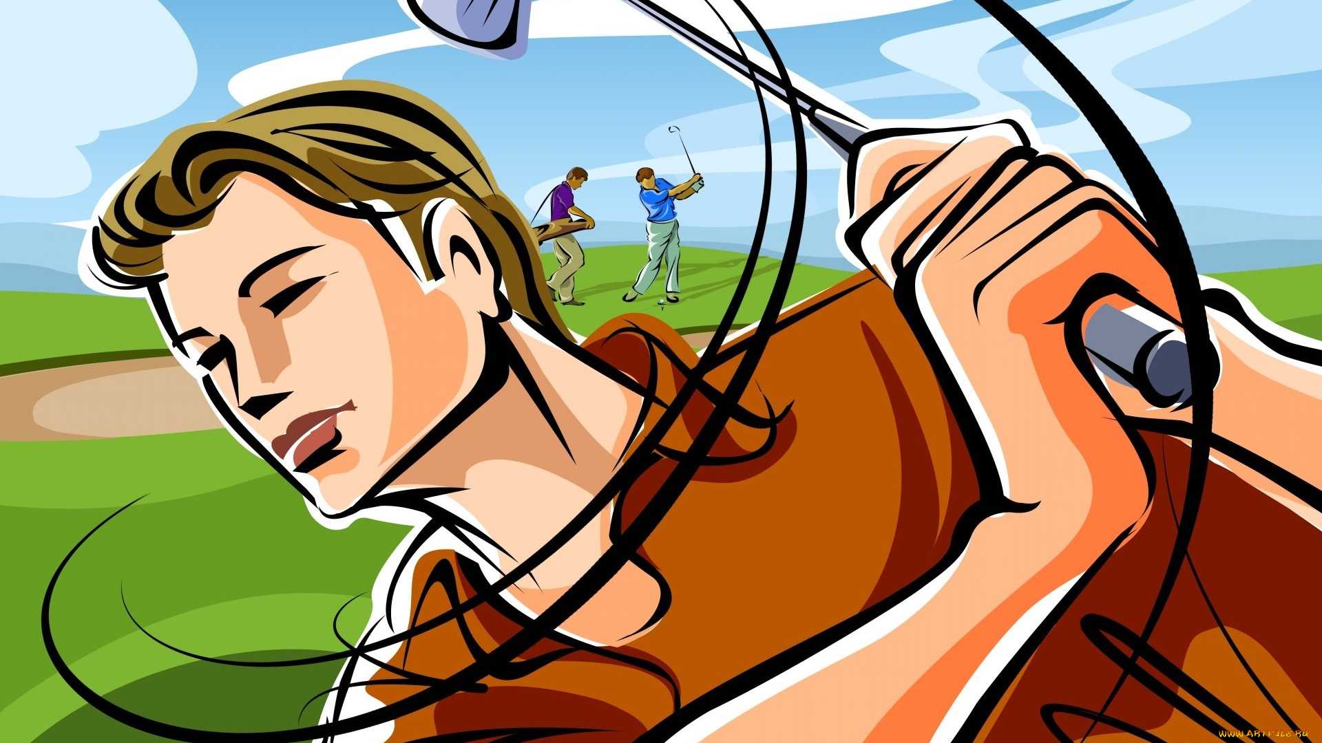 спорт, 3d, рисованные, игроки, клюшка, гольф, удар, поле