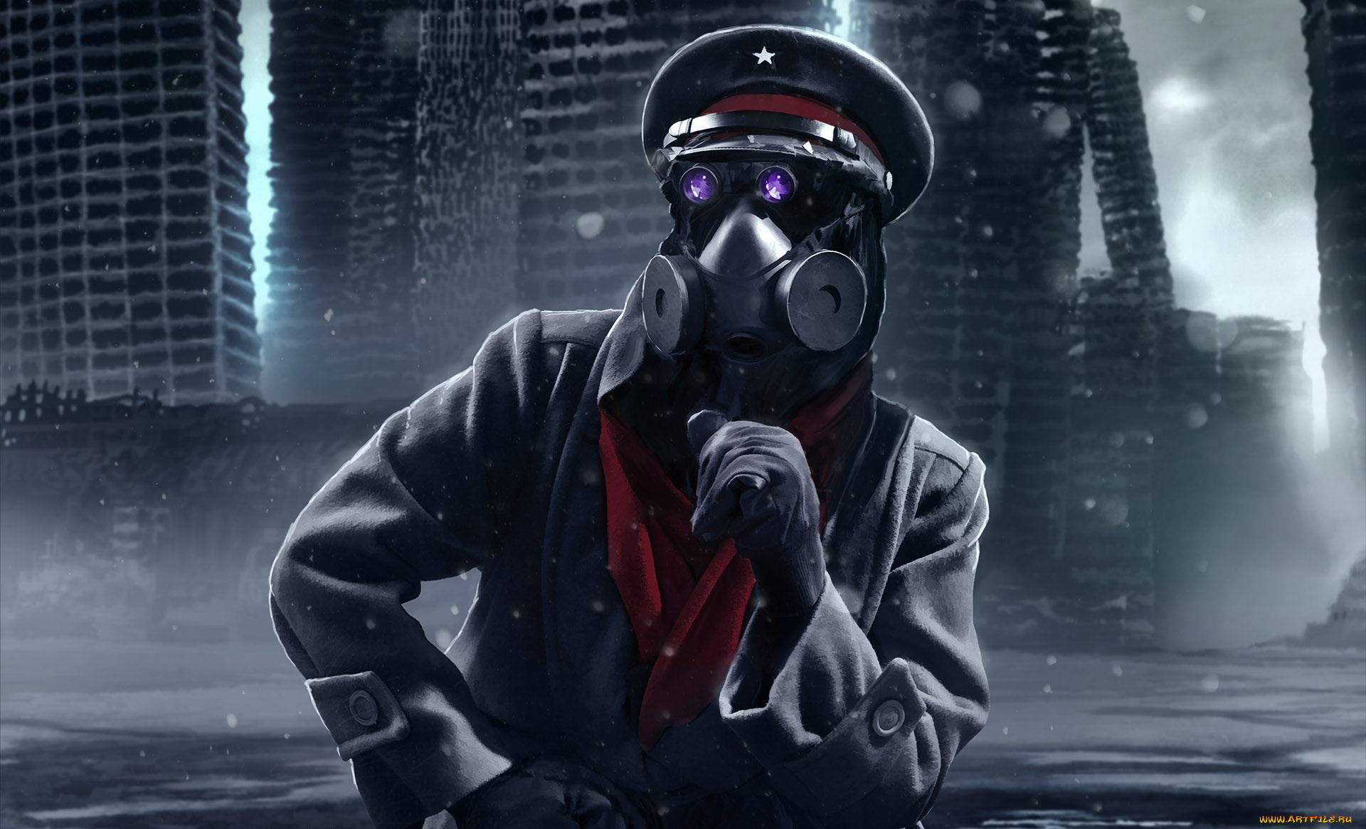 фэнтези, люди, перчатки, кепка, пальто, арт, капитан, человек, каркасы, здания, руины, противогаз
