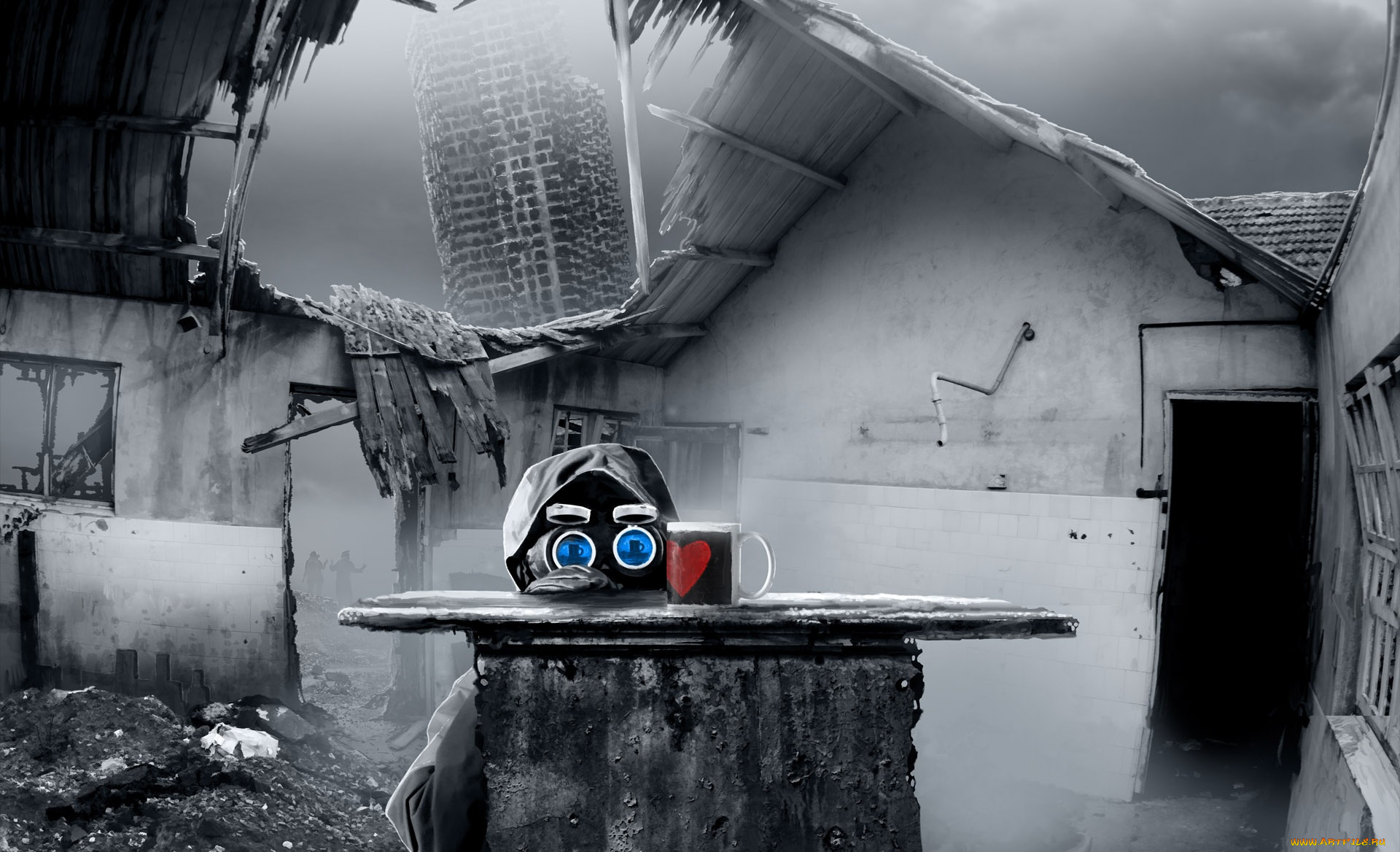 фэнтези, люди, куртка, развалины, чашка, сердечко, дом, парень, арт, противогаз, романтика, апокалипсиса