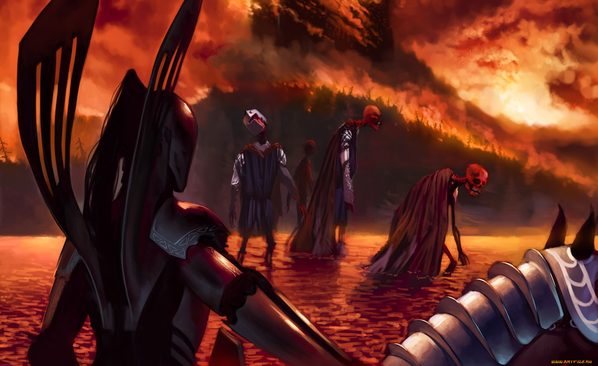 фэнтези, нежить, скелеты, красное