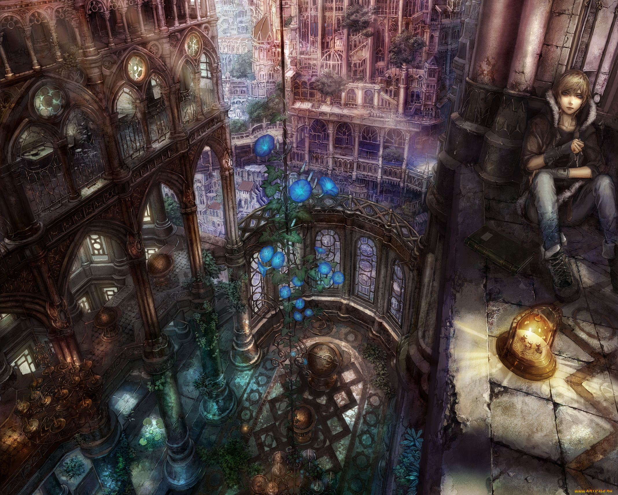 фэнтези, люди, здание, мир, парень, книга, иной