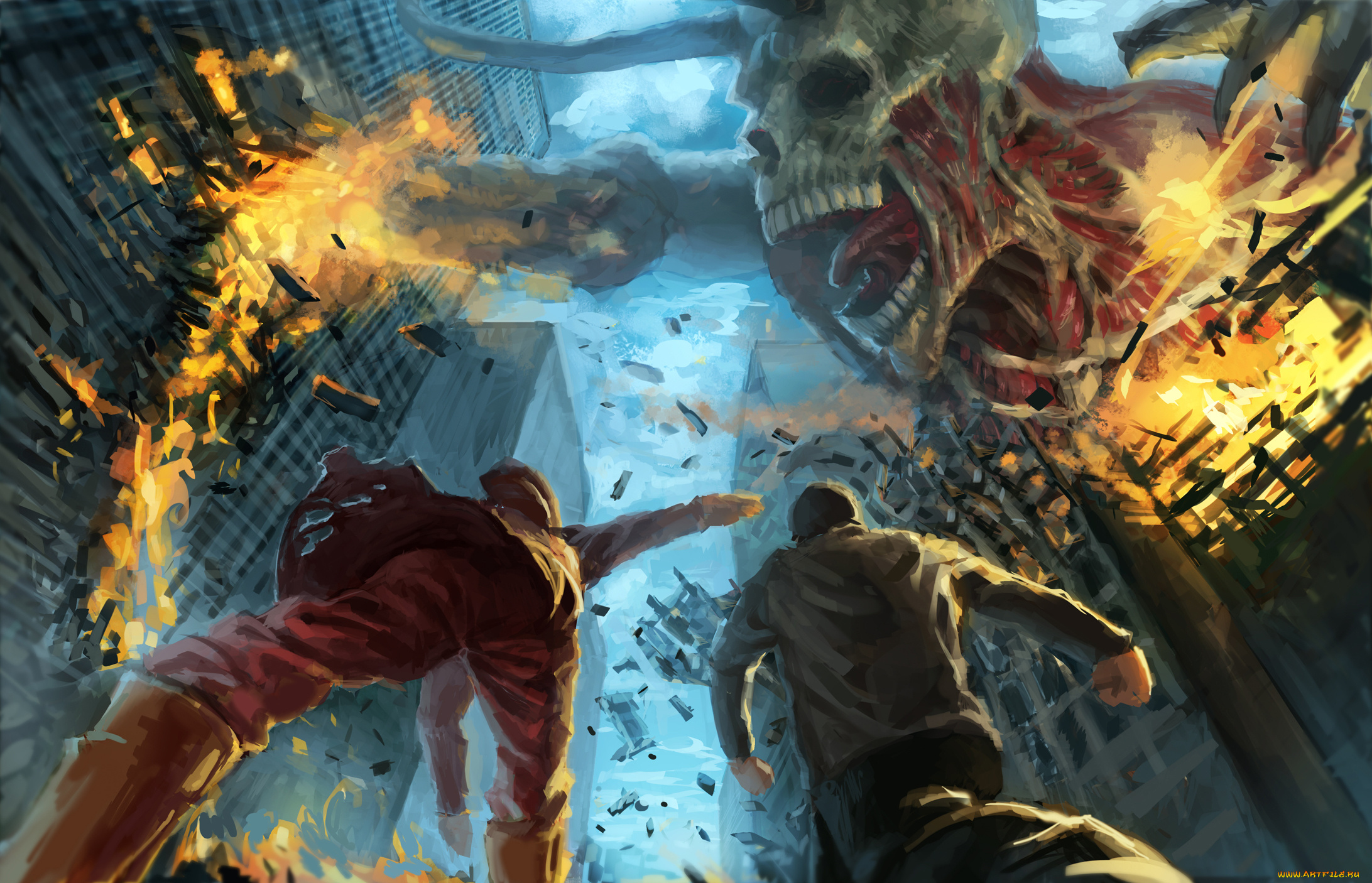 фэнтези, нежить, город, разрушения, гигант, монстр, люди, паника