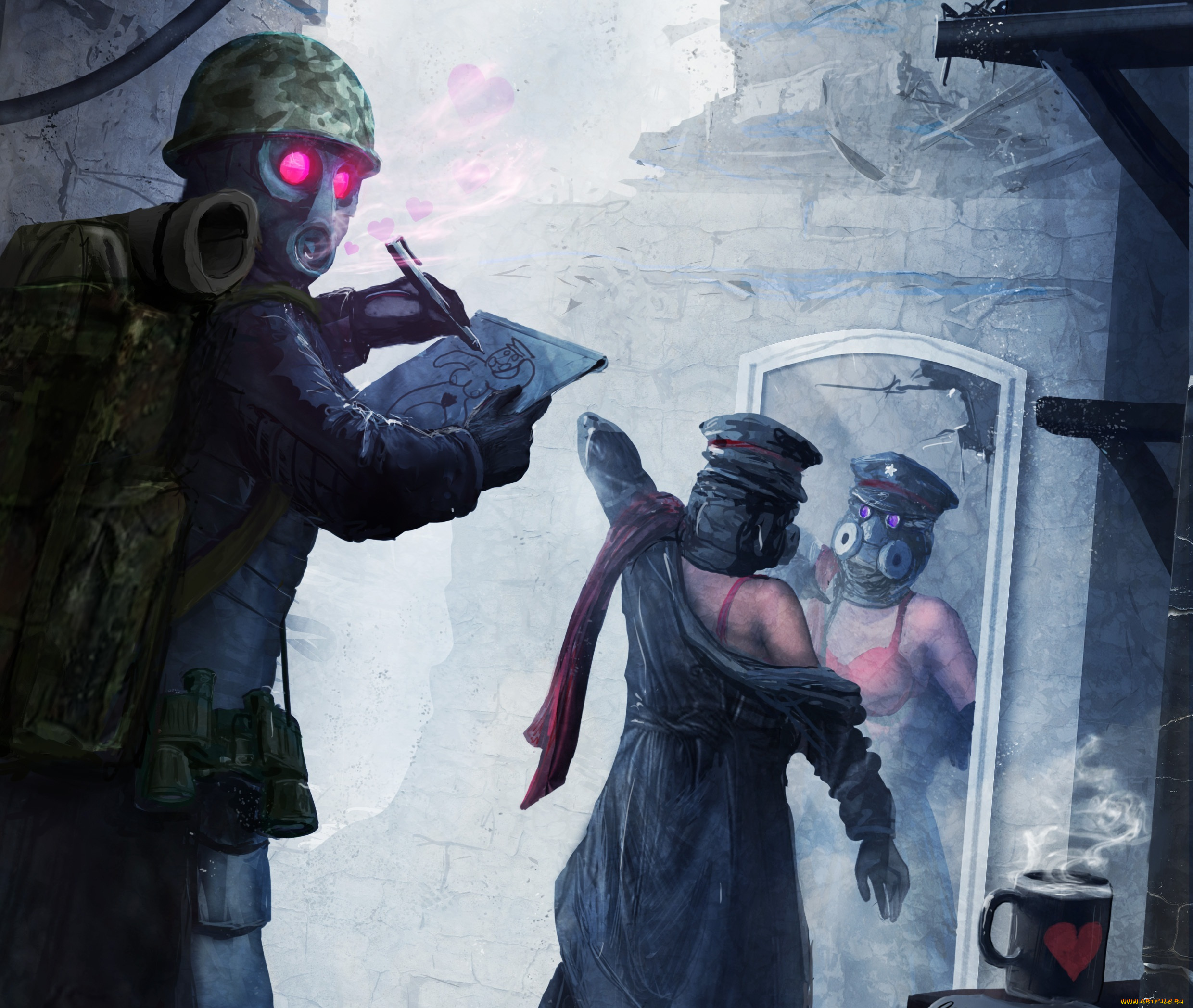 фэнтези, люди, арт, зеркало, сердечко, чашка, альбом, бельё, красный, шарф, противогазы, романтика, апокалипсиса