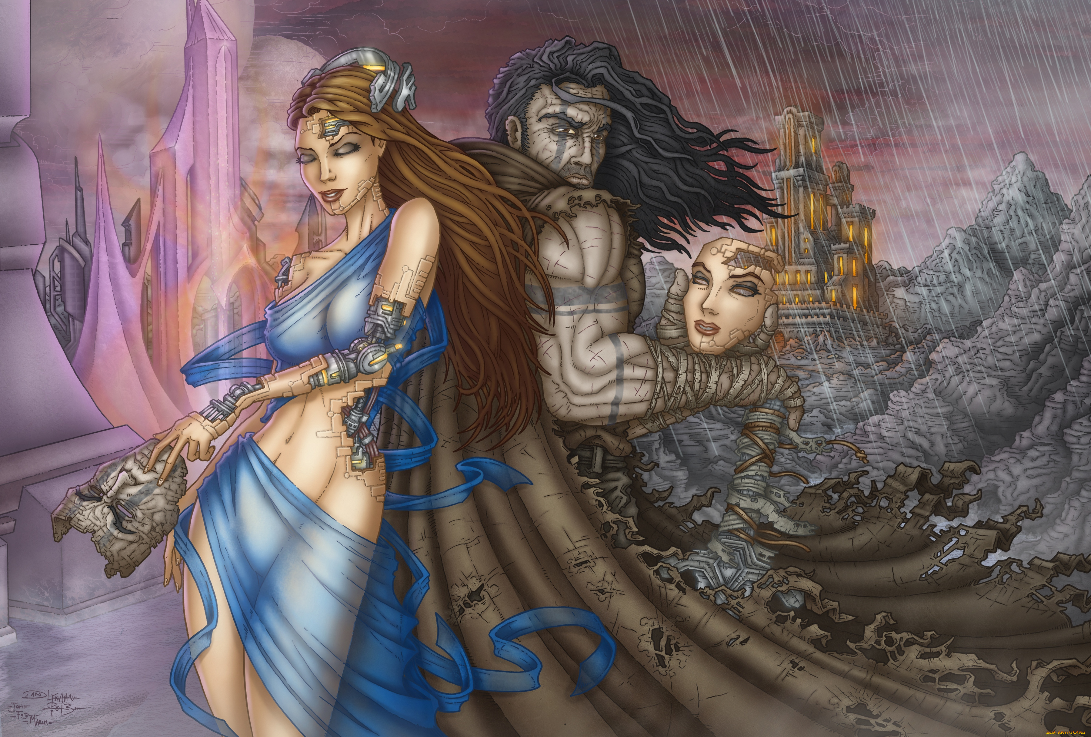 фэнтези, роботы, , киборги, , механизмы, киборг, девушка, город, воин, горы, маска