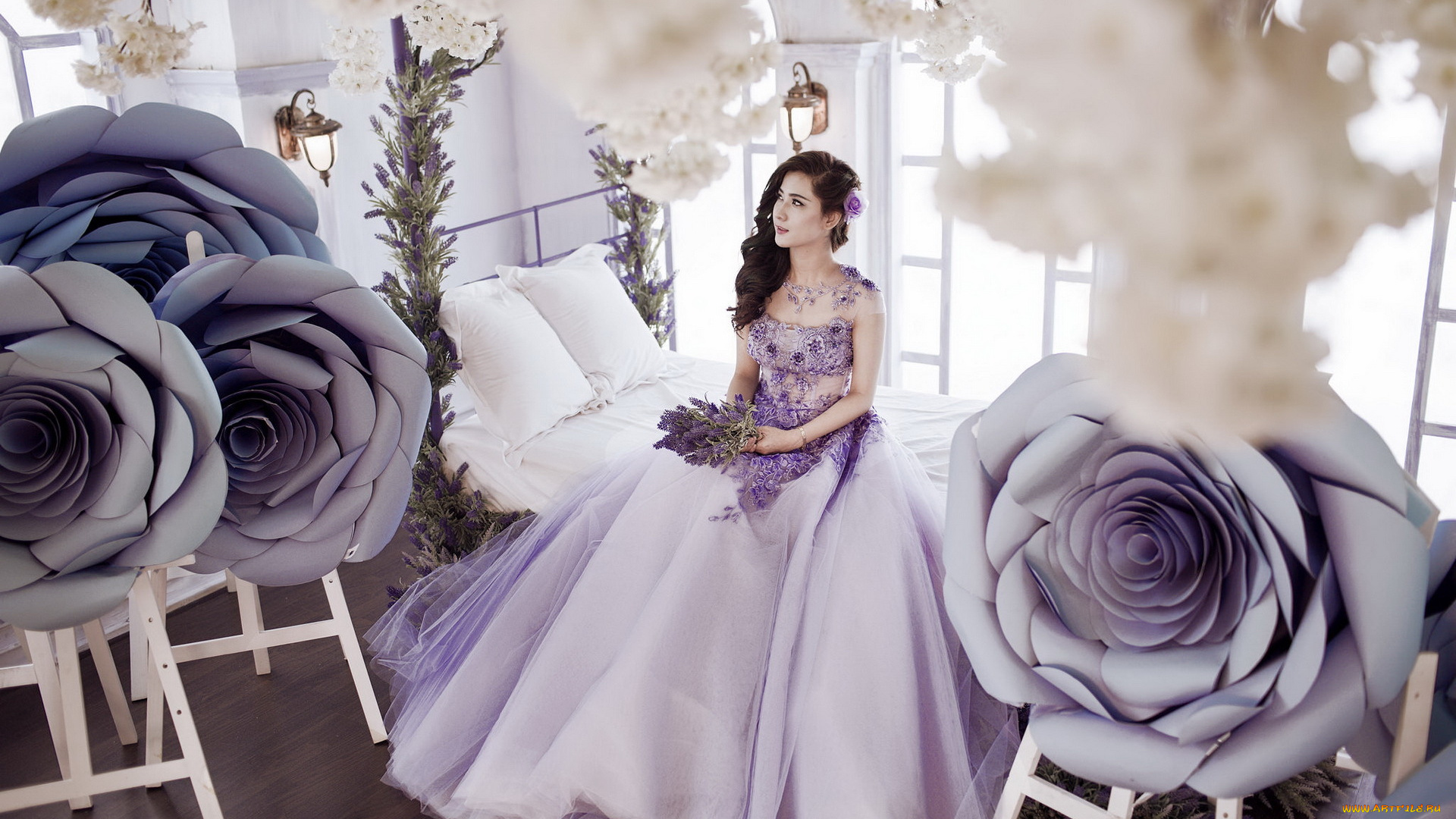 девушки, -unsort, , азиатки, цветы, девушка, платье