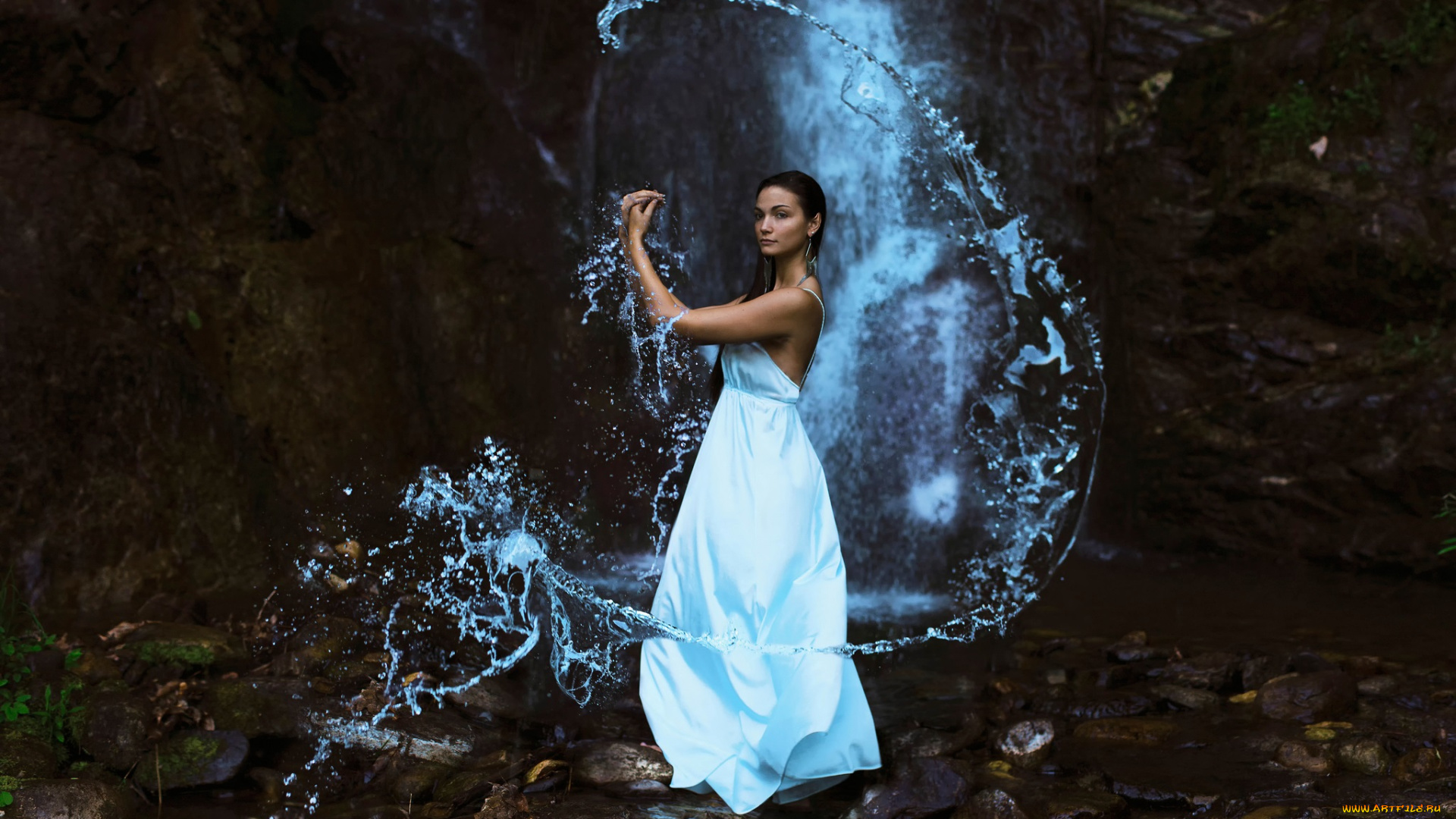 девушки, -unsort, , брюнетки, , шатенки, водопад, платье, девушка, the, water, bearer