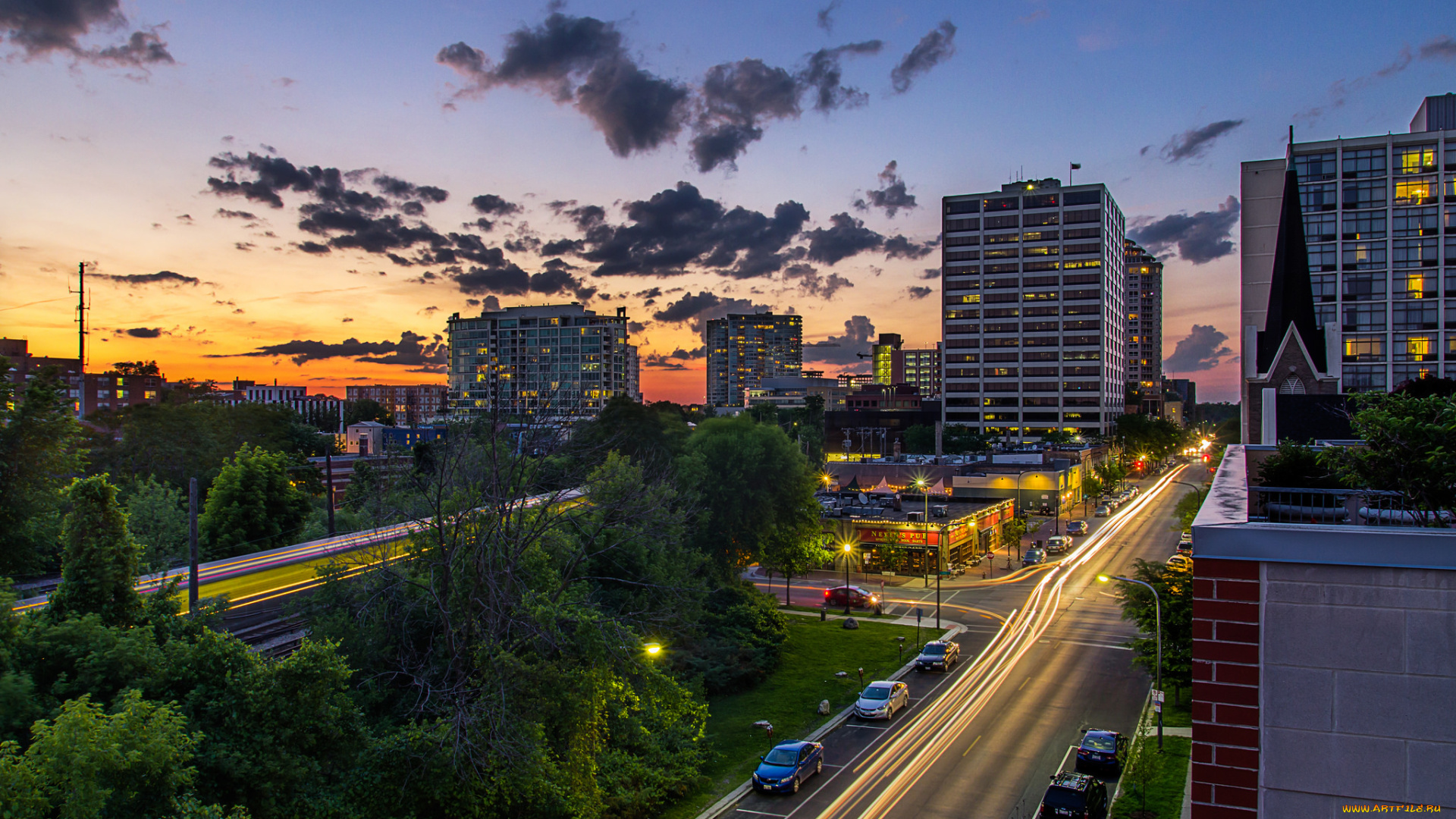 evanston, sunset, города, -, огни, ночного, города, заря, огни, магистраль, здания