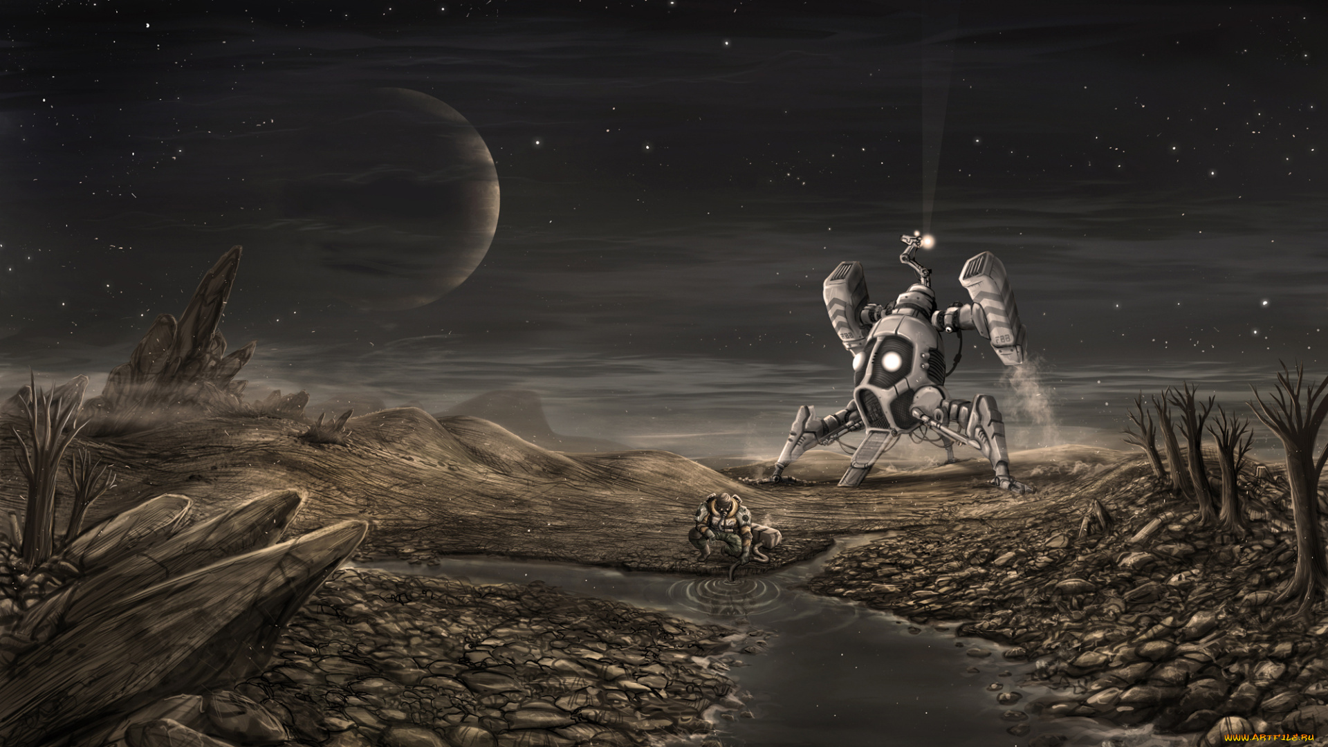 фэнтези, роботы, , киборги, , механизмы, планета, звезды, водоем, человек, космический, корабль, посадка