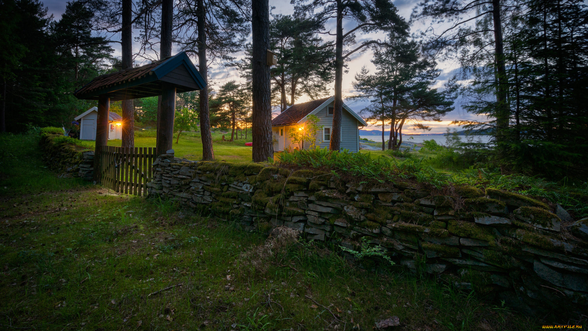 города, -, пейзажи, сумерки, домик, изгородь, опушка, лес