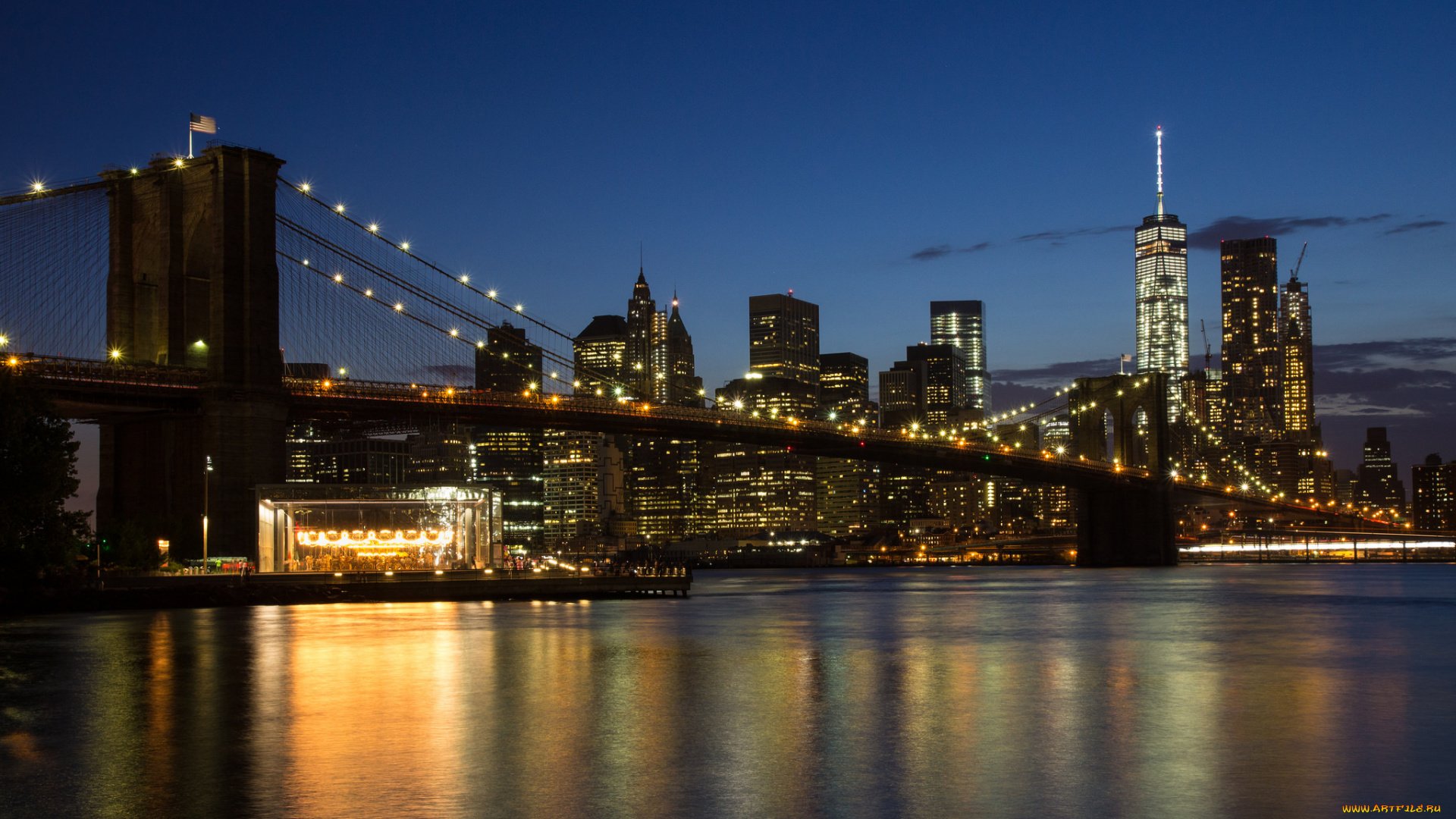 manhattan, blue, hour, города, нью-йорк, , сша, огни, ночь, мост
