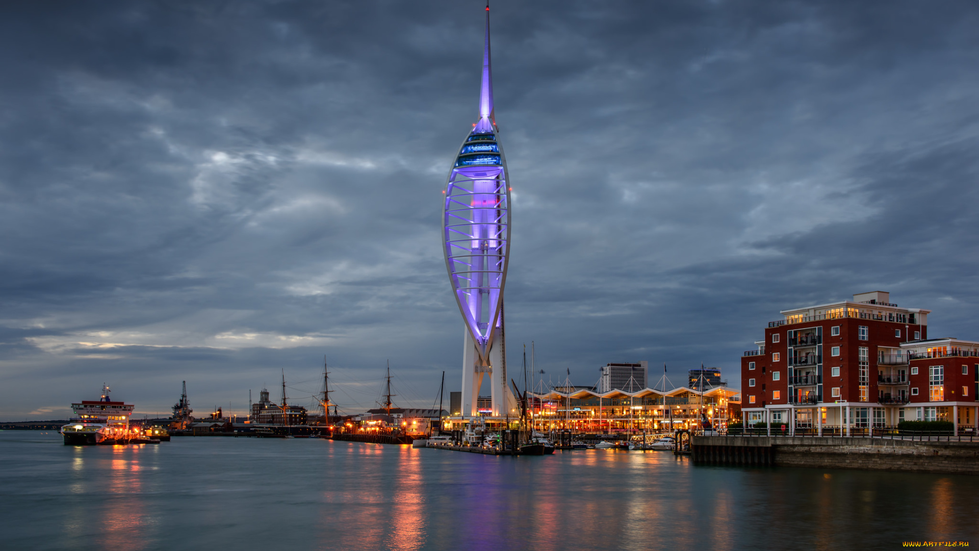 moody, spinnaker, tower, города, -, огни, ночного, города, бухта, башня, ночь