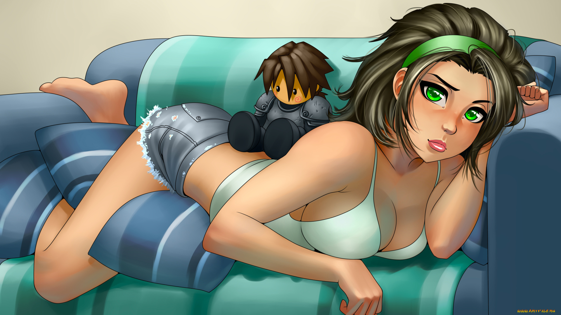 разное, арты, девушка, диван, грудь, тело, ноги, игрушка, взгляд, попа, шорты, art