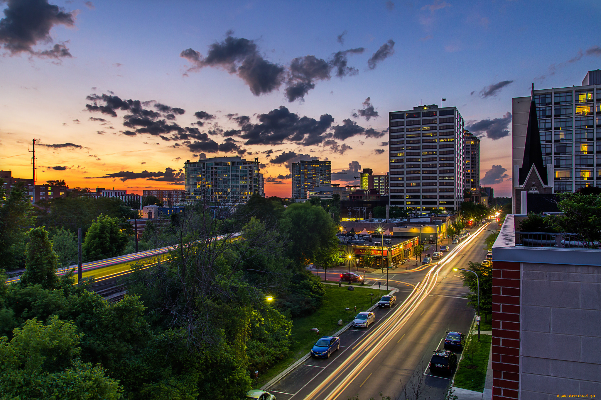 evanston, sunset, города, -, огни, ночного, города, заря, огни, магистраль, здания