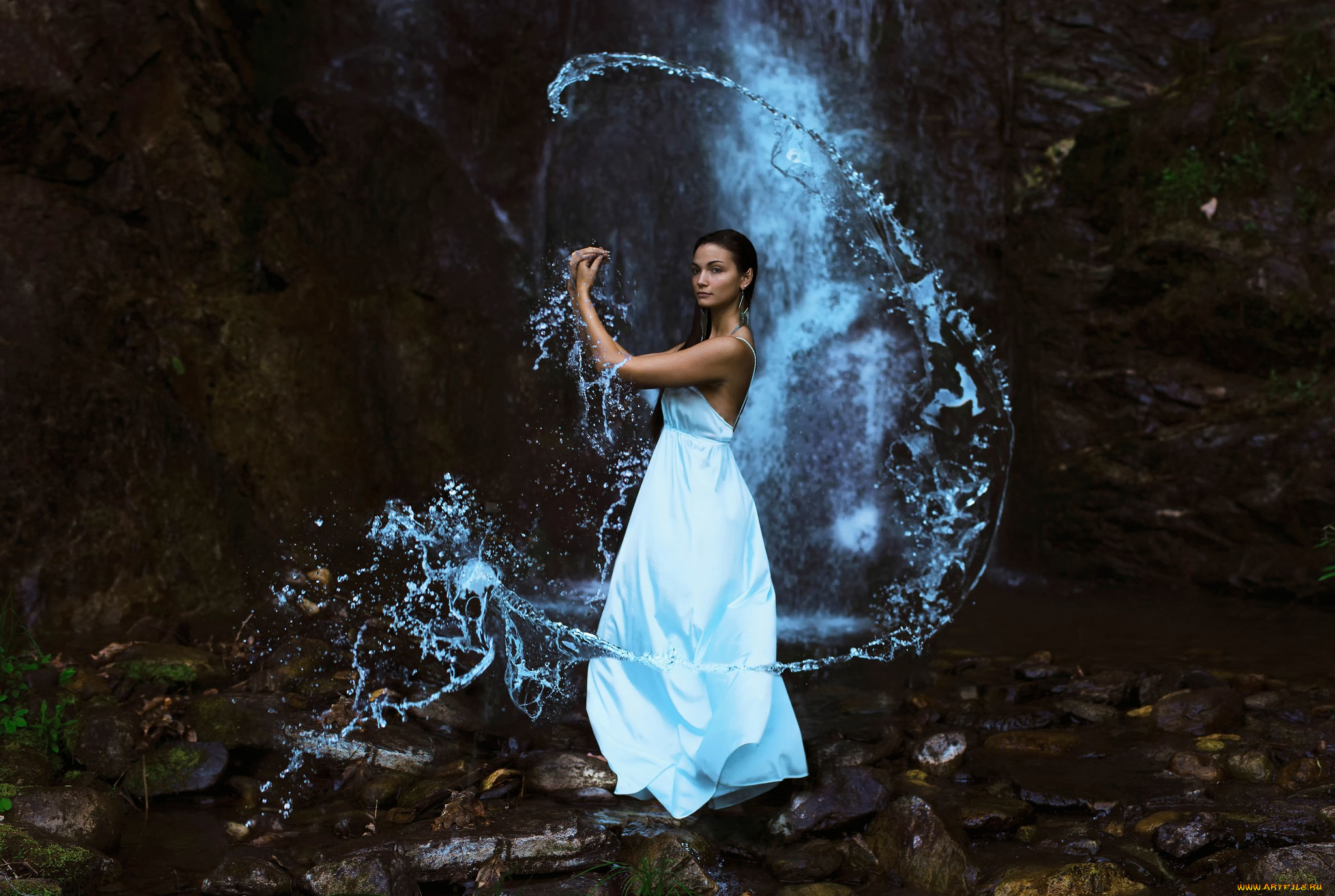 девушки, -unsort, , брюнетки, , шатенки, водопад, платье, девушка, the, water, bearer