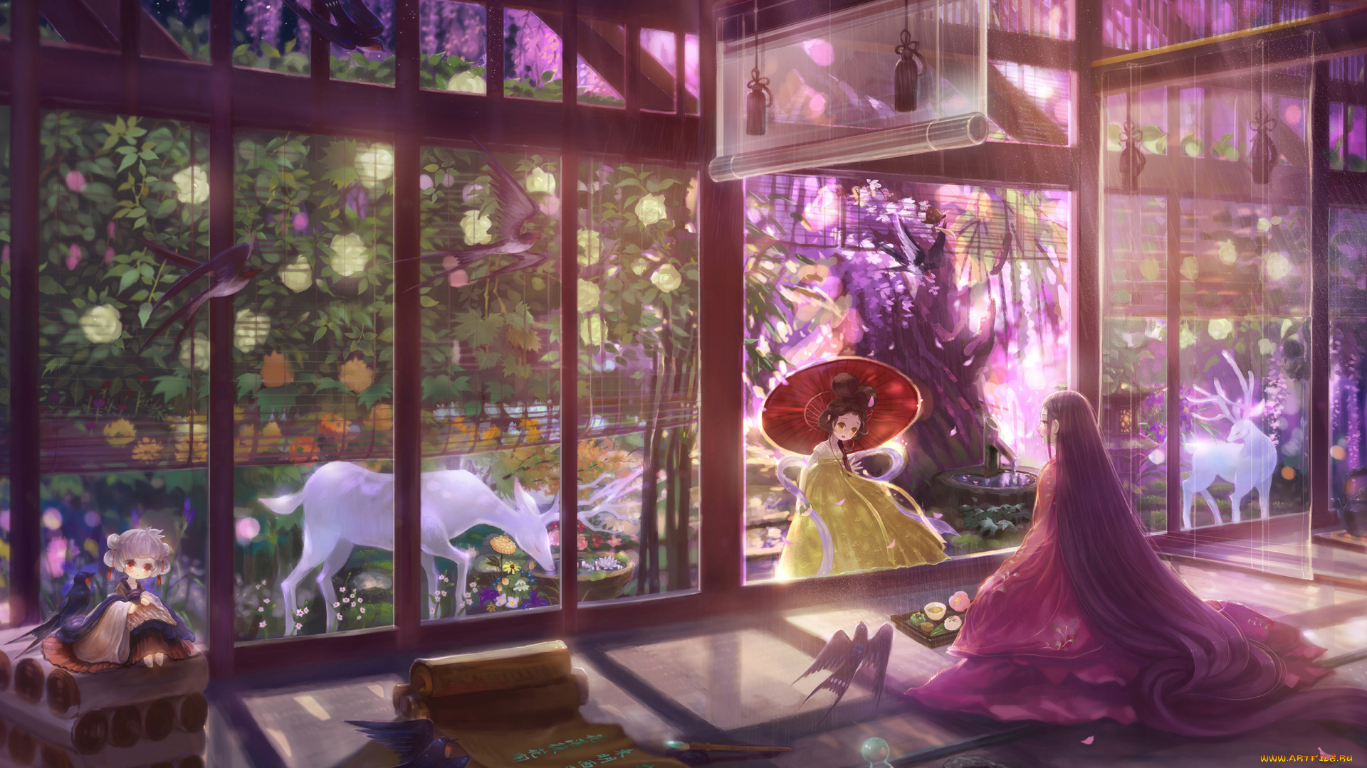 аниме, город, , улицы, , здания, девушки