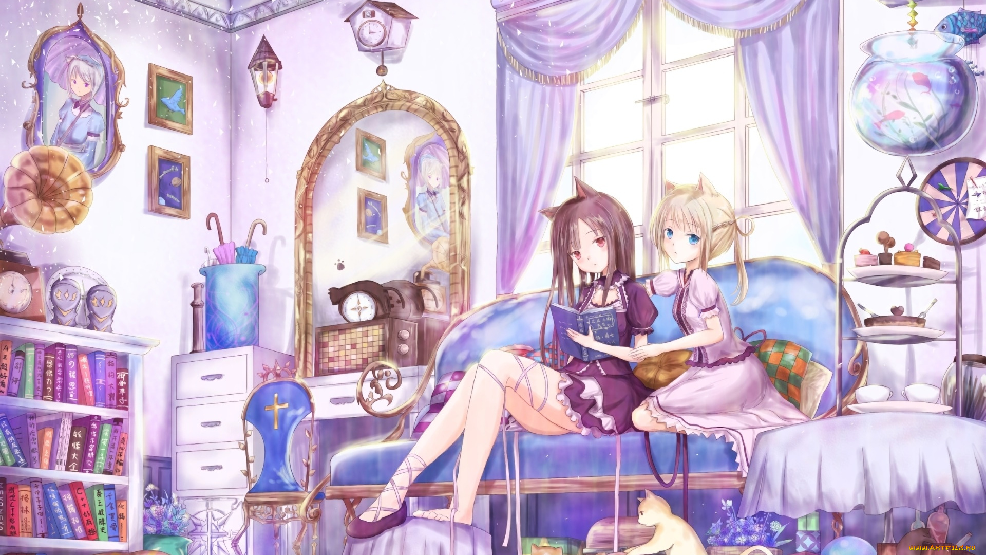 аниме, животные, , существа, взгляд, фон, девушки