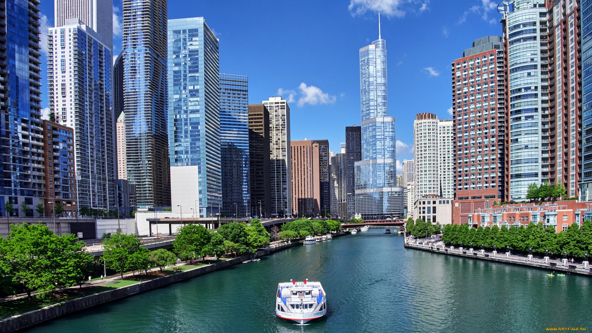 города, Чикаго, , сша, Чикаго, река, канал, мосты, дома, небоскребы