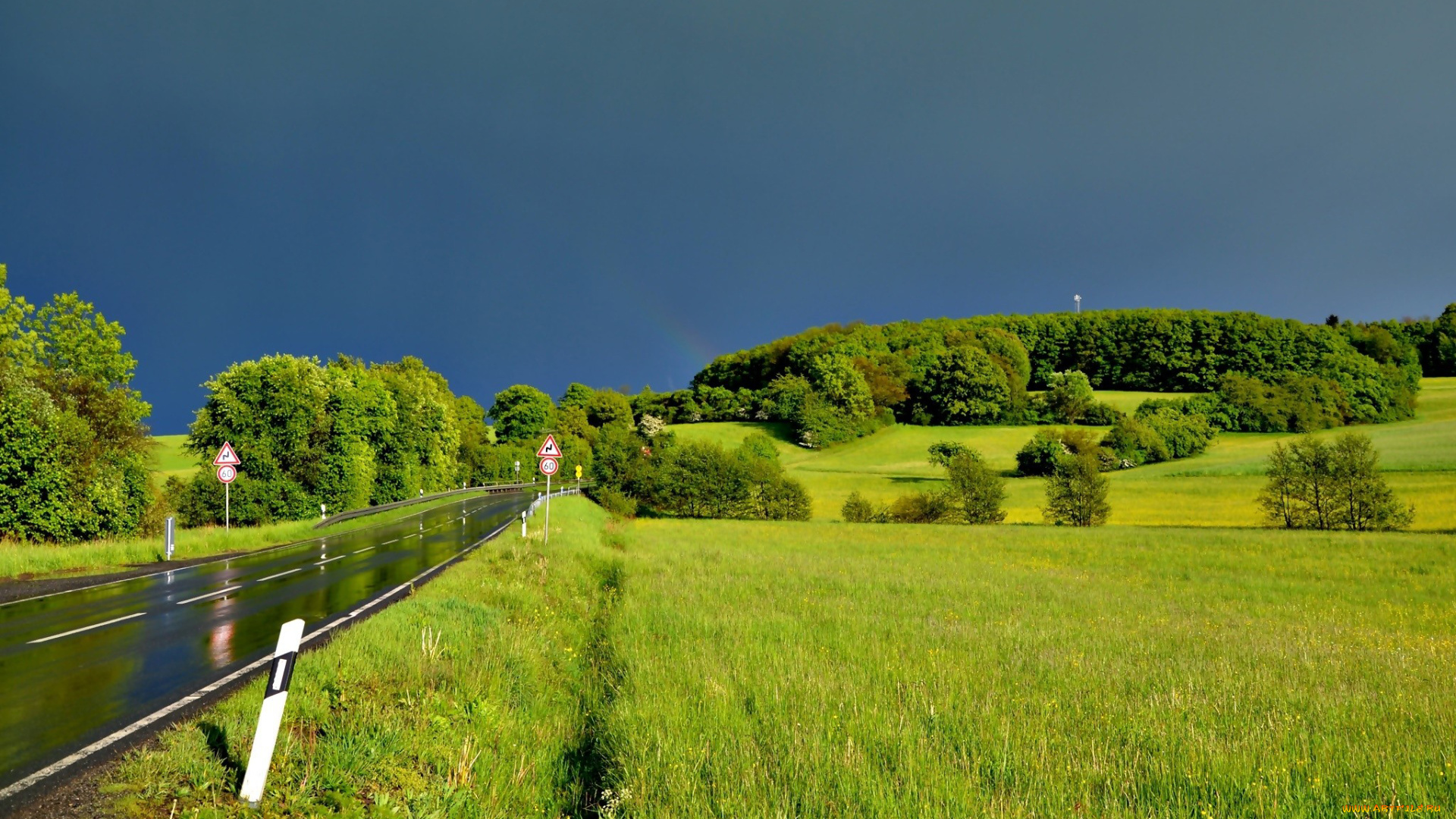 природа, дороги, дорога, шоссе, мокрое, знаки