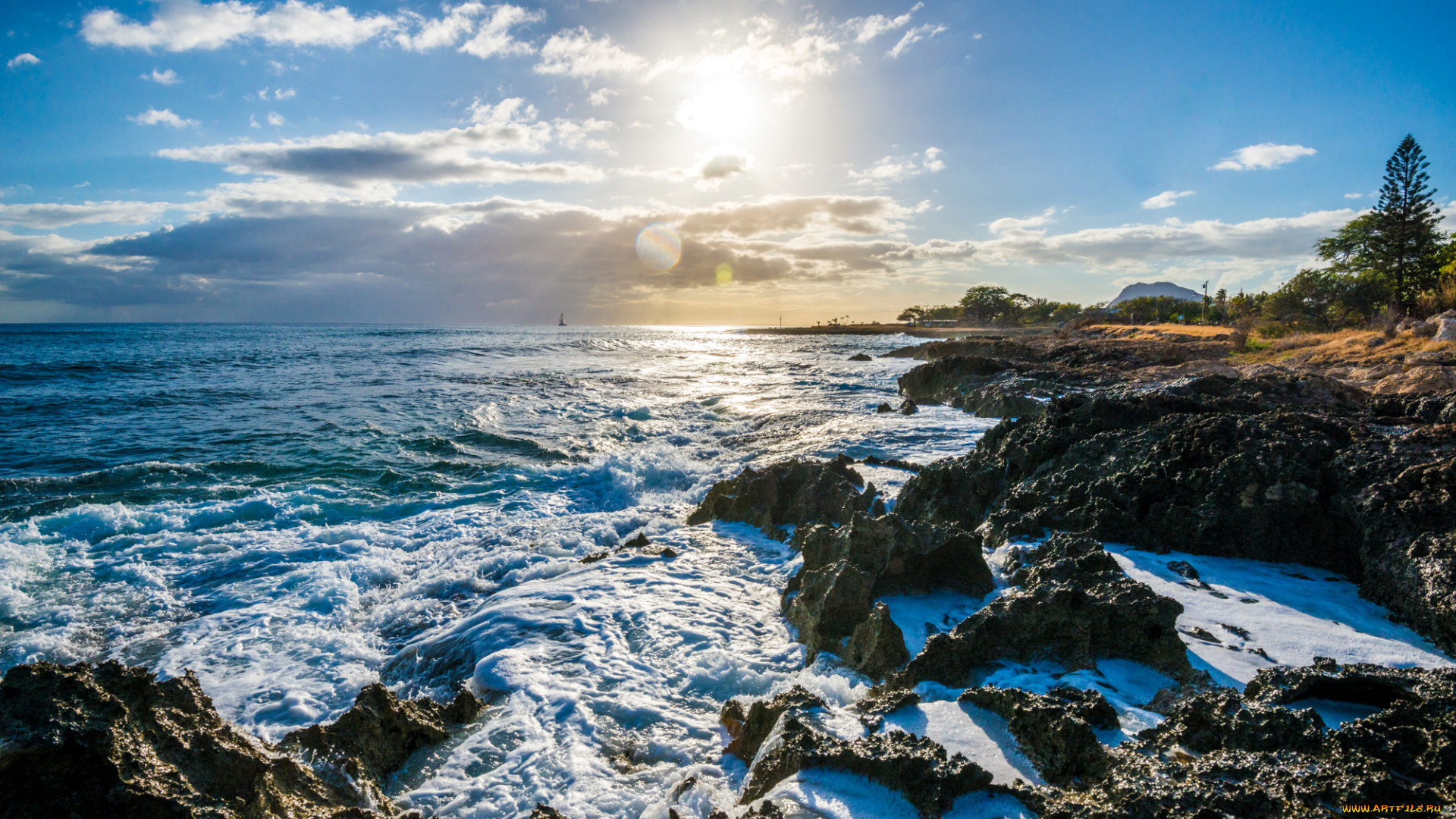 природа, восходы, закаты, солнце, небо, побережье, океан, nanakuli, гавайи, сша, горизонт, облака