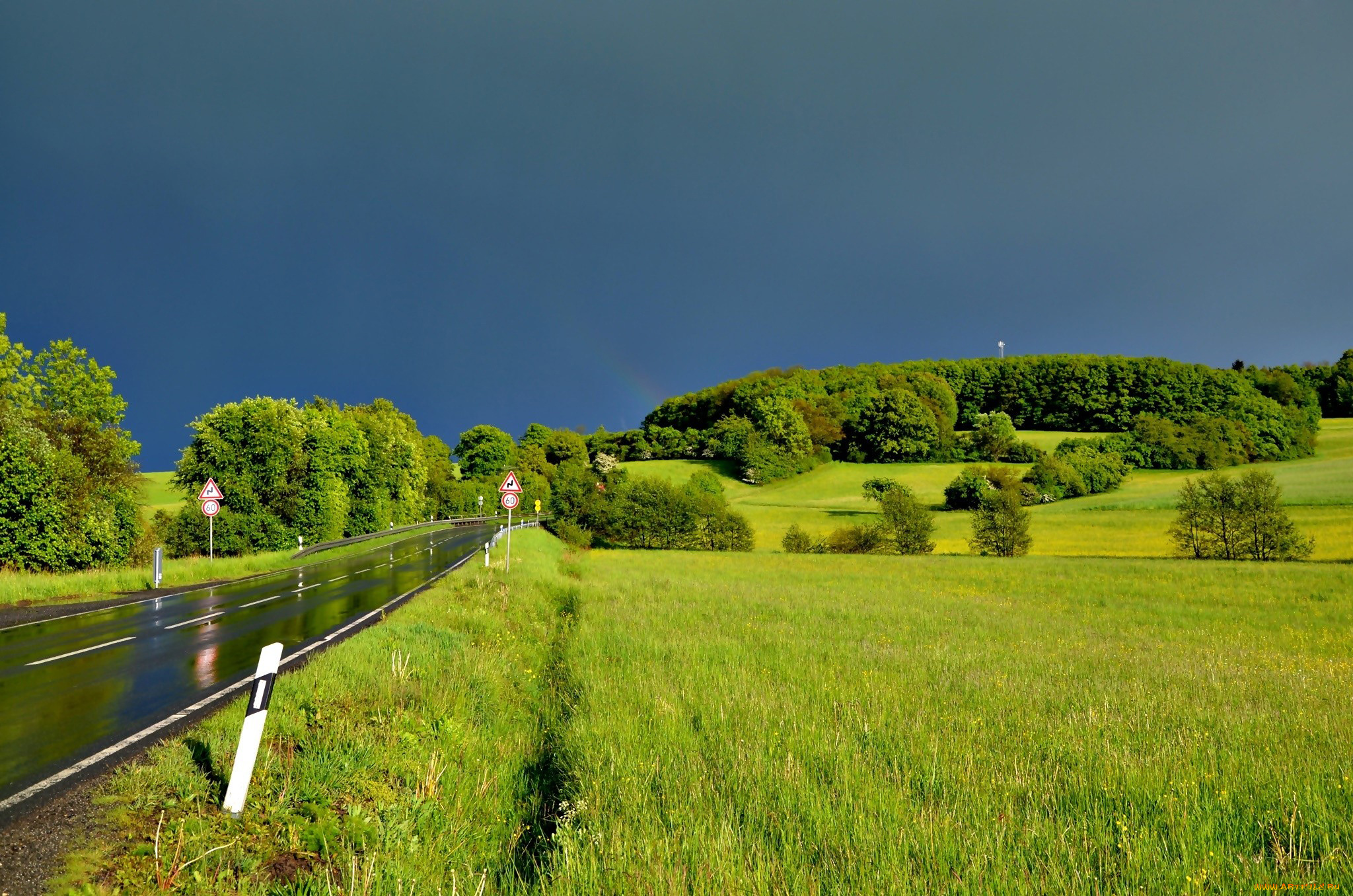 природа, дороги, дорога, шоссе, мокрое, знаки