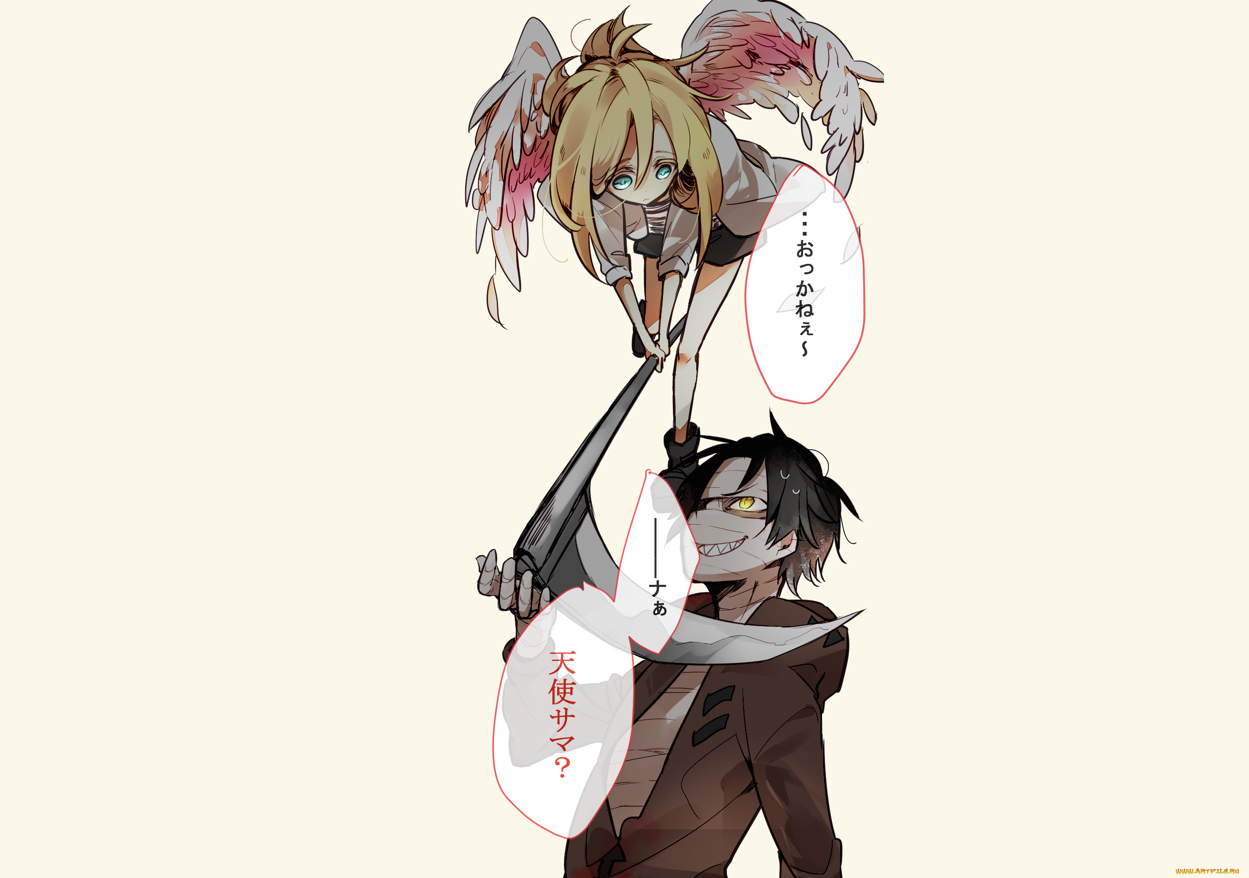 аниме, satsuriku, no, tenshi, коса, девушка, зак, ангел, кровопролития