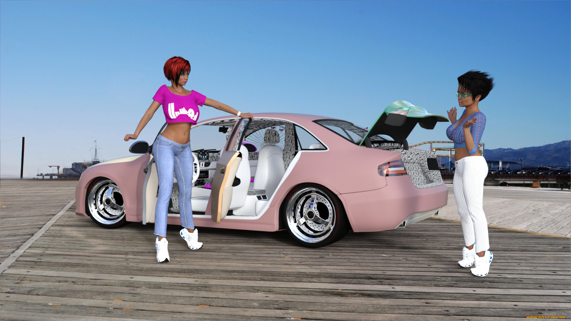 3д, графика, люди-авто, мото, , people-, car, , , moto, девушки, взгляд, фон