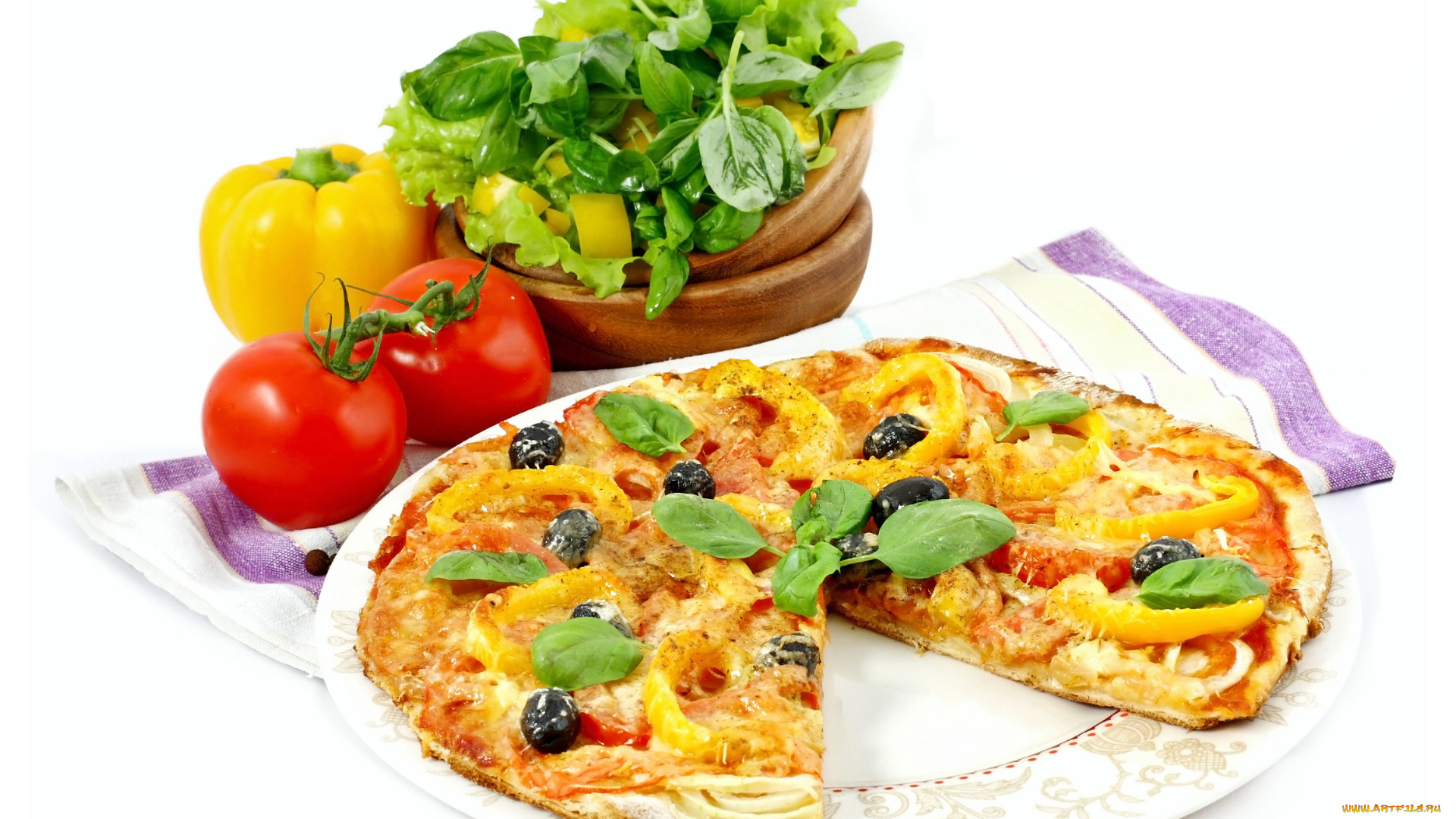 еда, пицца, вкусная, со, свежими, помидорами, и, перцем