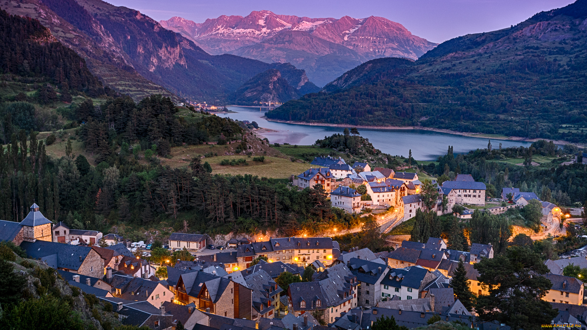 города, -, панорамы, река, горы