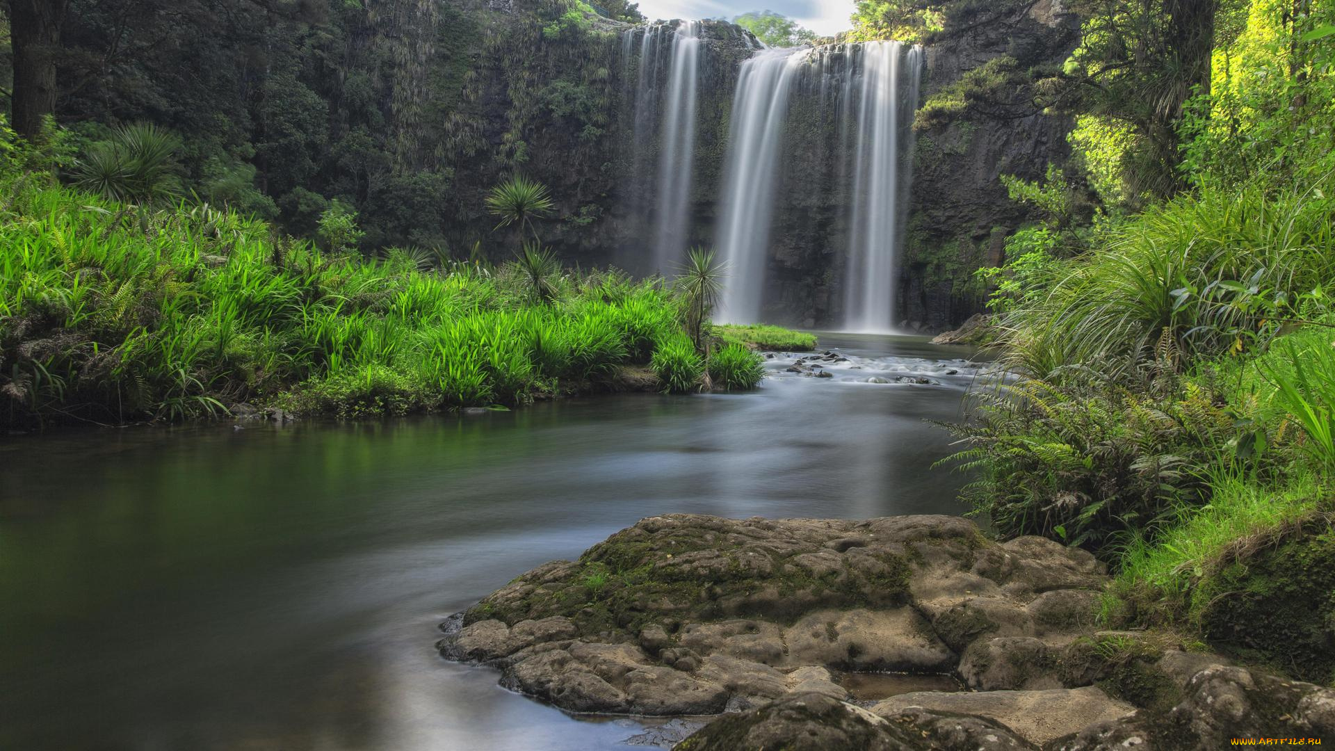 природа, водопады, лес, скала, поток