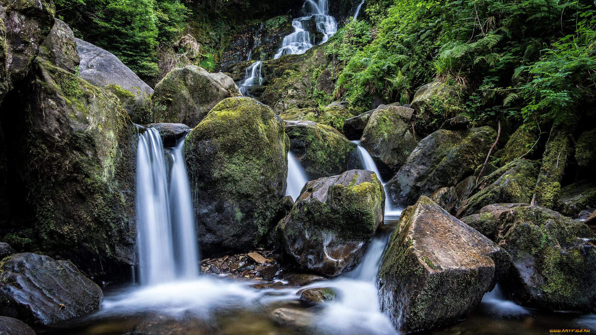 природа, водопады, лес, скала, поток