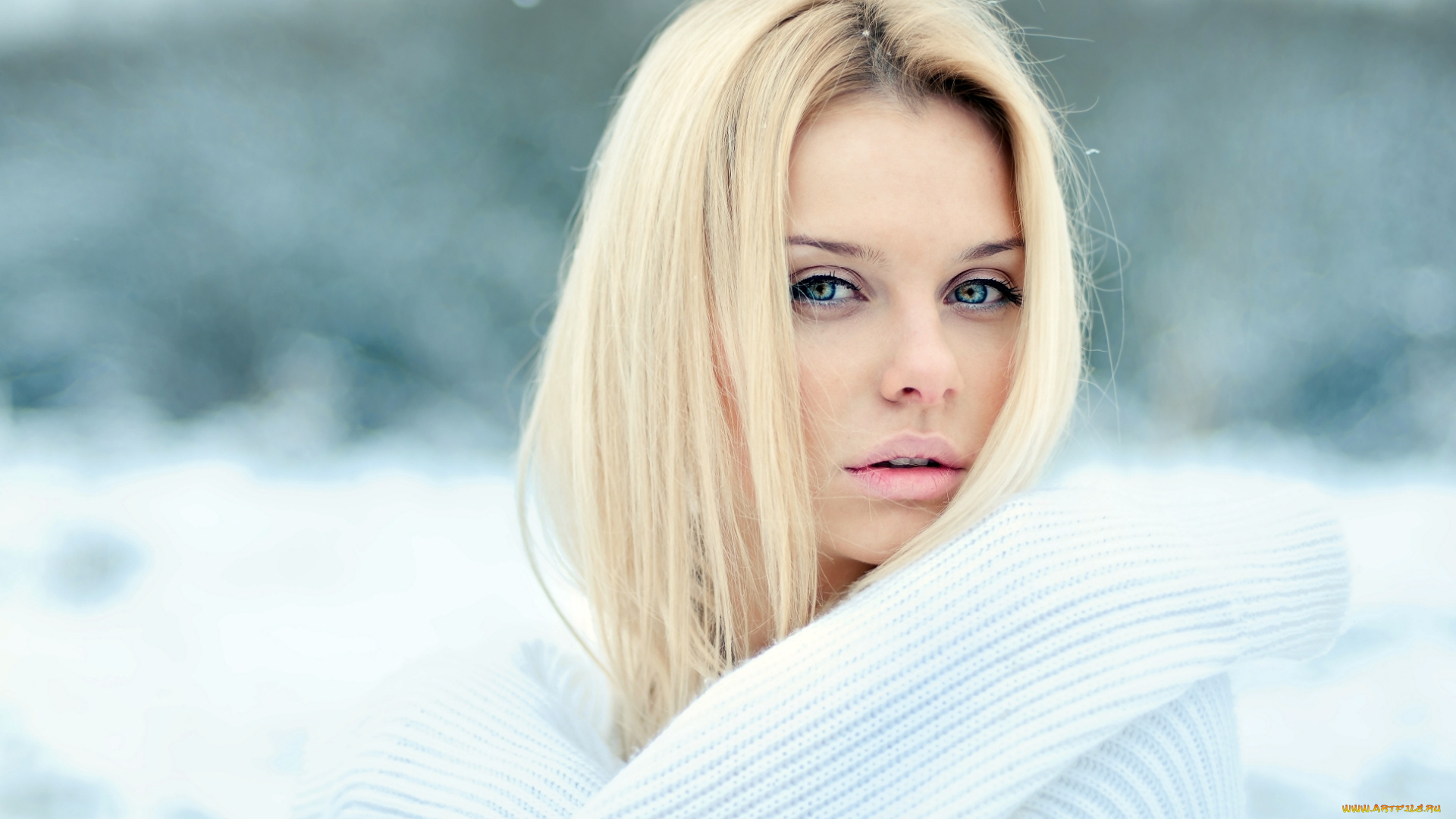 девушки, -unsort, , лица, , портреты, снег, свитер, лицо, блондинка