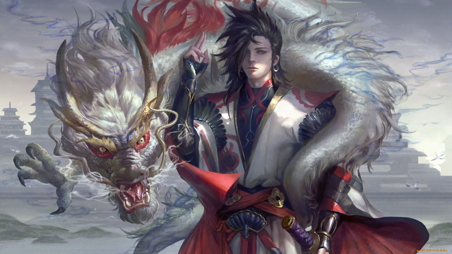 фэнтези, драконы, дракон, оружие, арт, парень, япония