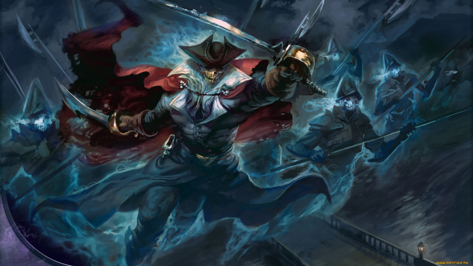 фэнтези, нежить, skull, drogskol, captain, spear, helmets, sword, halberds, ship, pirate, ghosts, hat, fantasy, art, digital, weapons, souls, artwork, cape