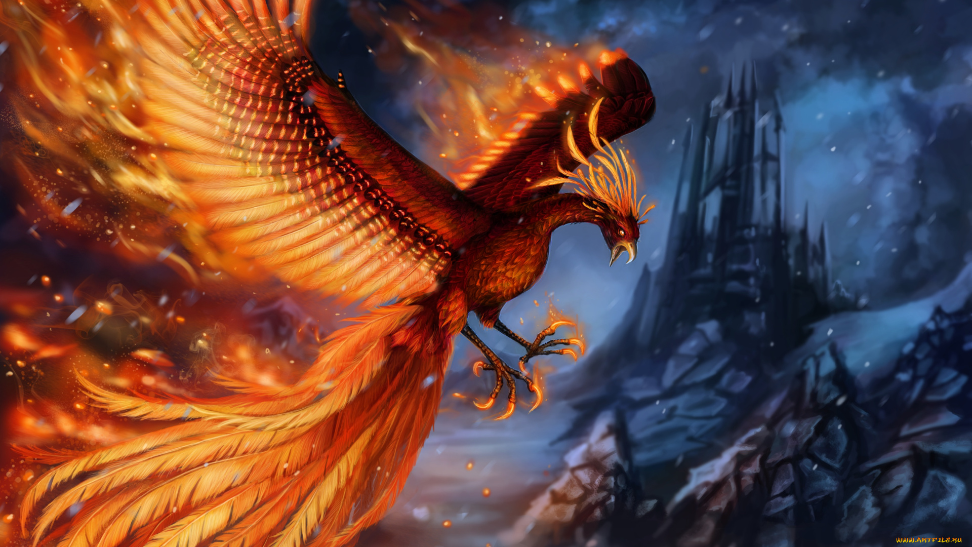 фэнтези, существа, пламя, замок, арт, скалы, крылья, феникс, птица