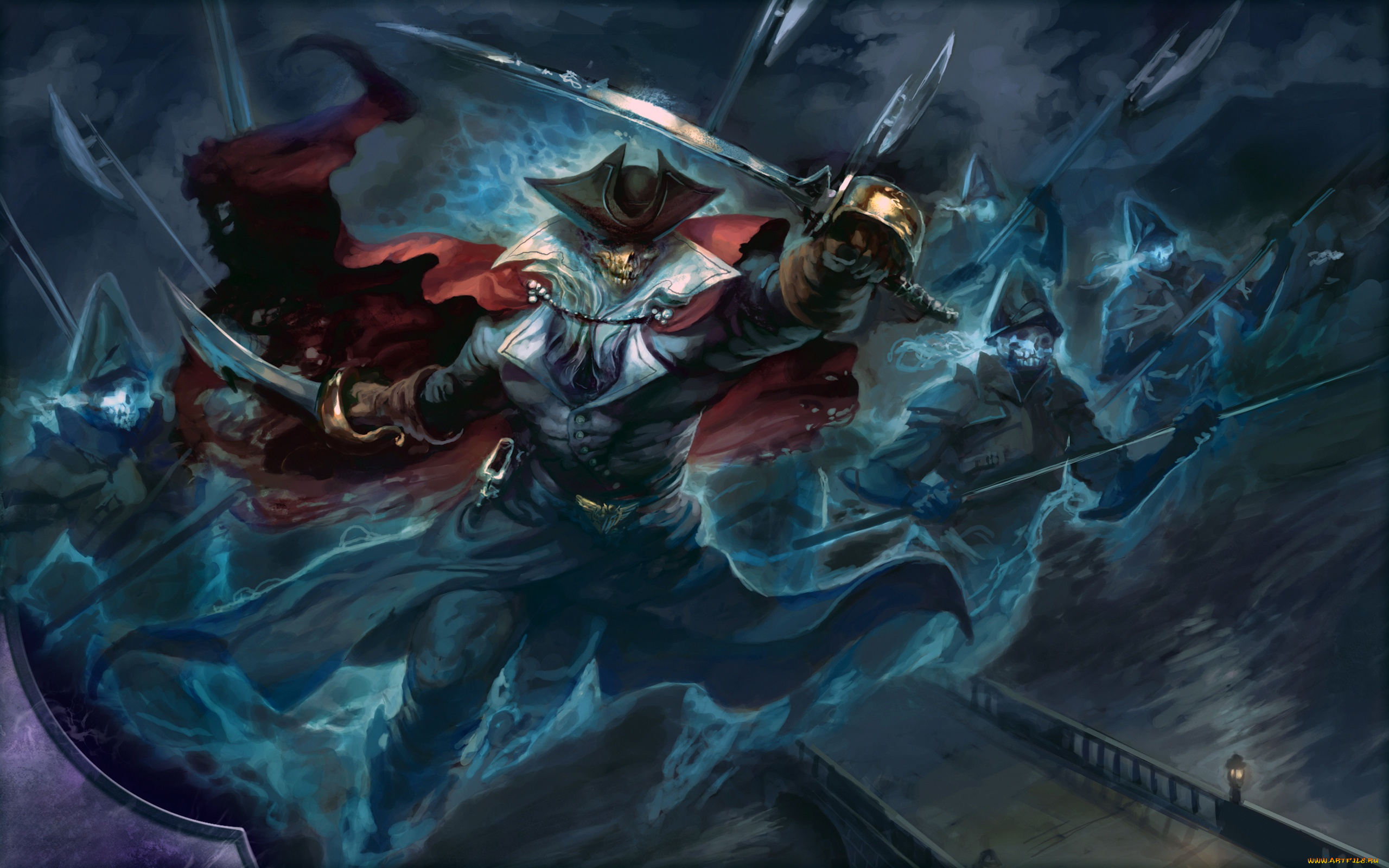 фэнтези, нежить, skull, drogskol, captain, spear, helmets, sword, halberds, ship, pirate, ghosts, hat, fantasy, art, digital, weapons, souls, artwork, cape