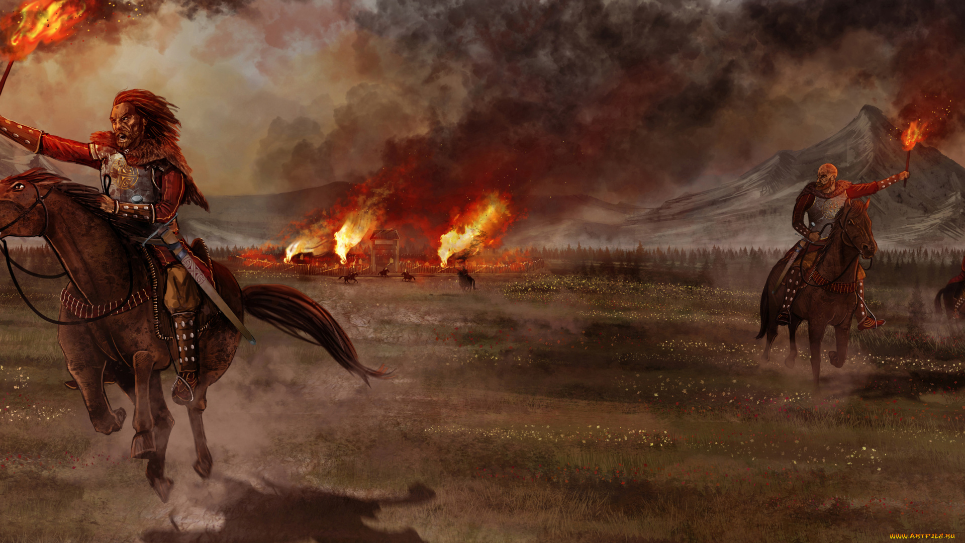 фэнтези, люди, факел, униформа, конь, пожар, поселок, фон, мужчины