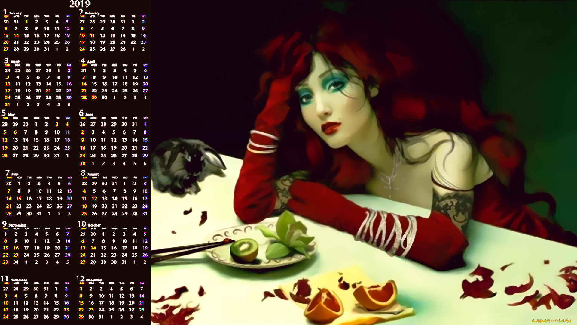 календари, фэнтези, calendar, апельсин, киви, фрукты, девушка, взгляд