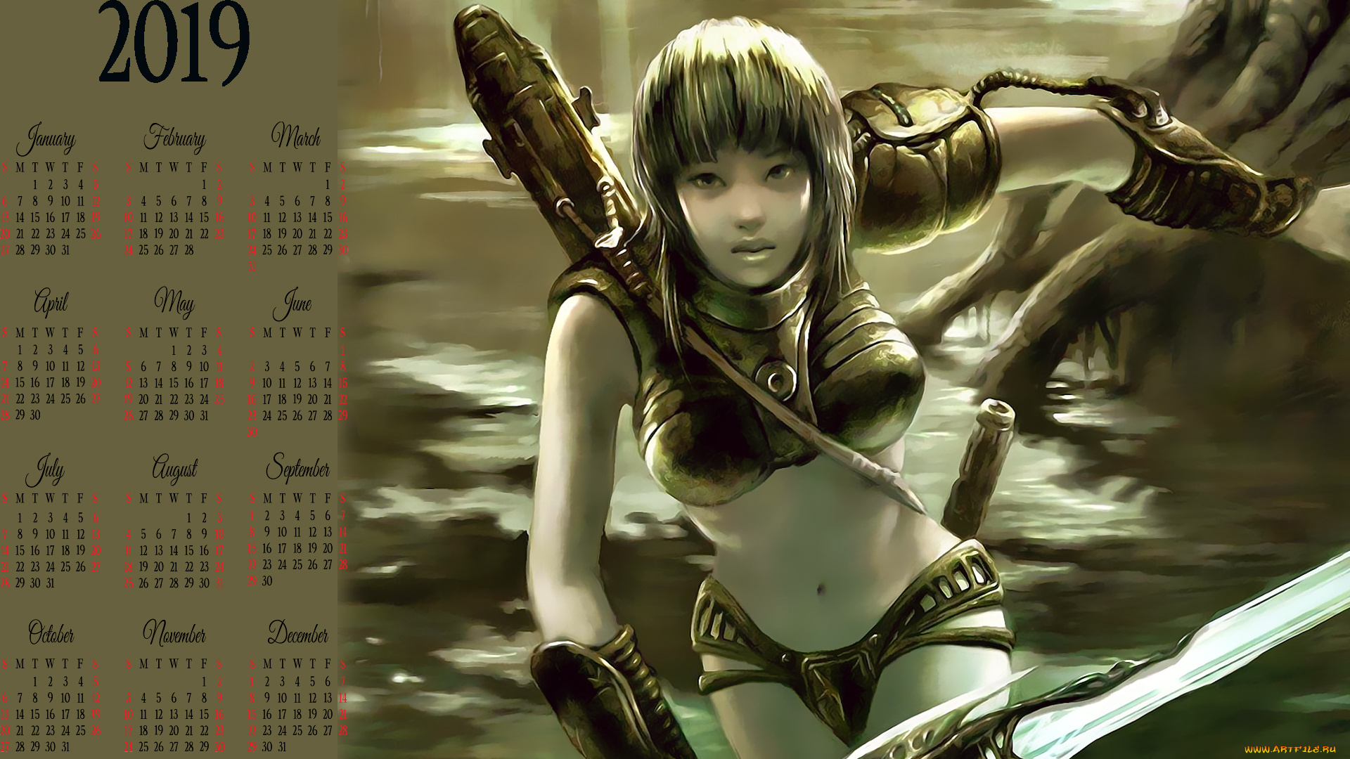 календари, фэнтези, calendar, бег, оружие, девушка