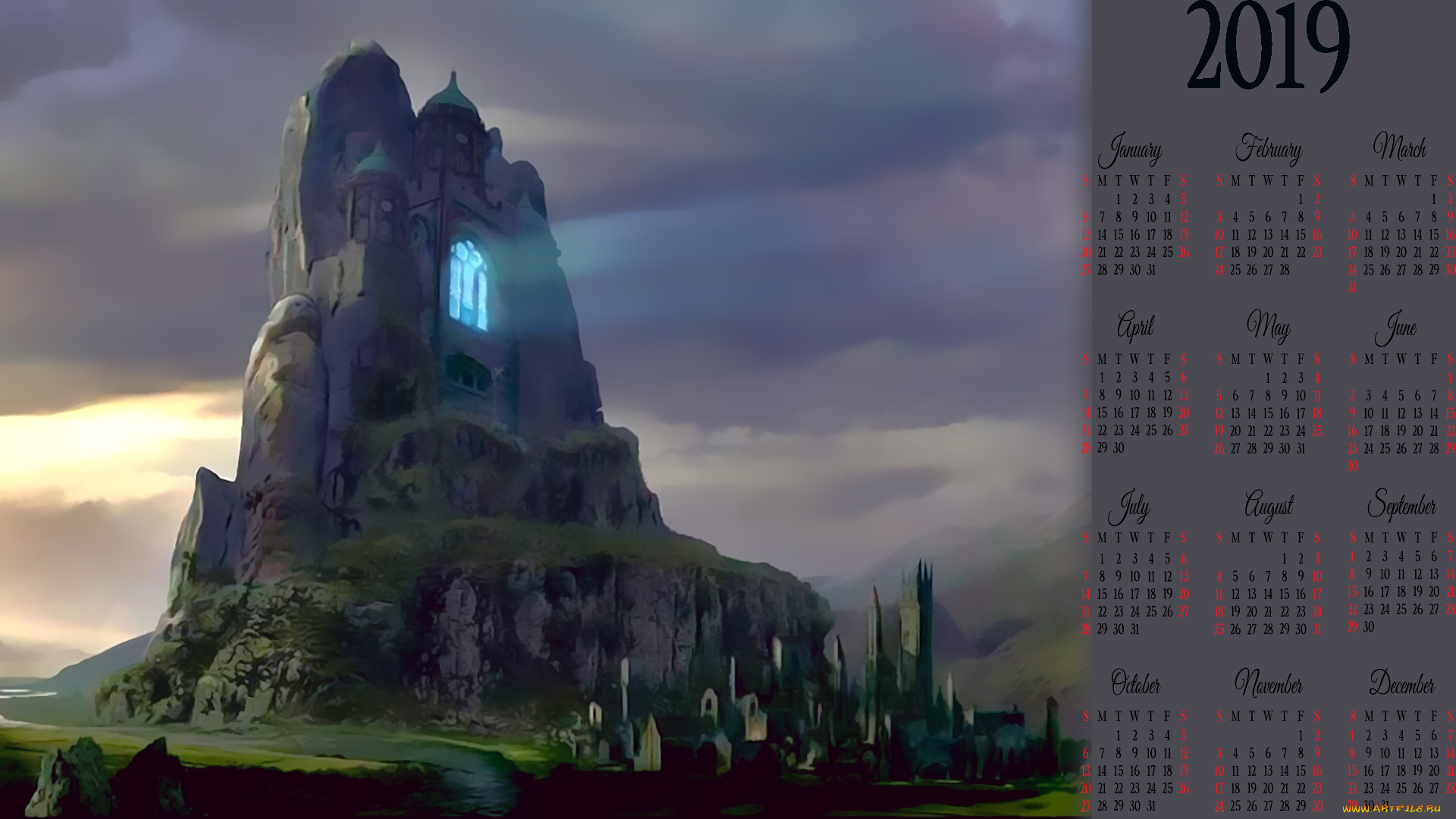 календари, фэнтези, calendar, гора, замок, город, здание