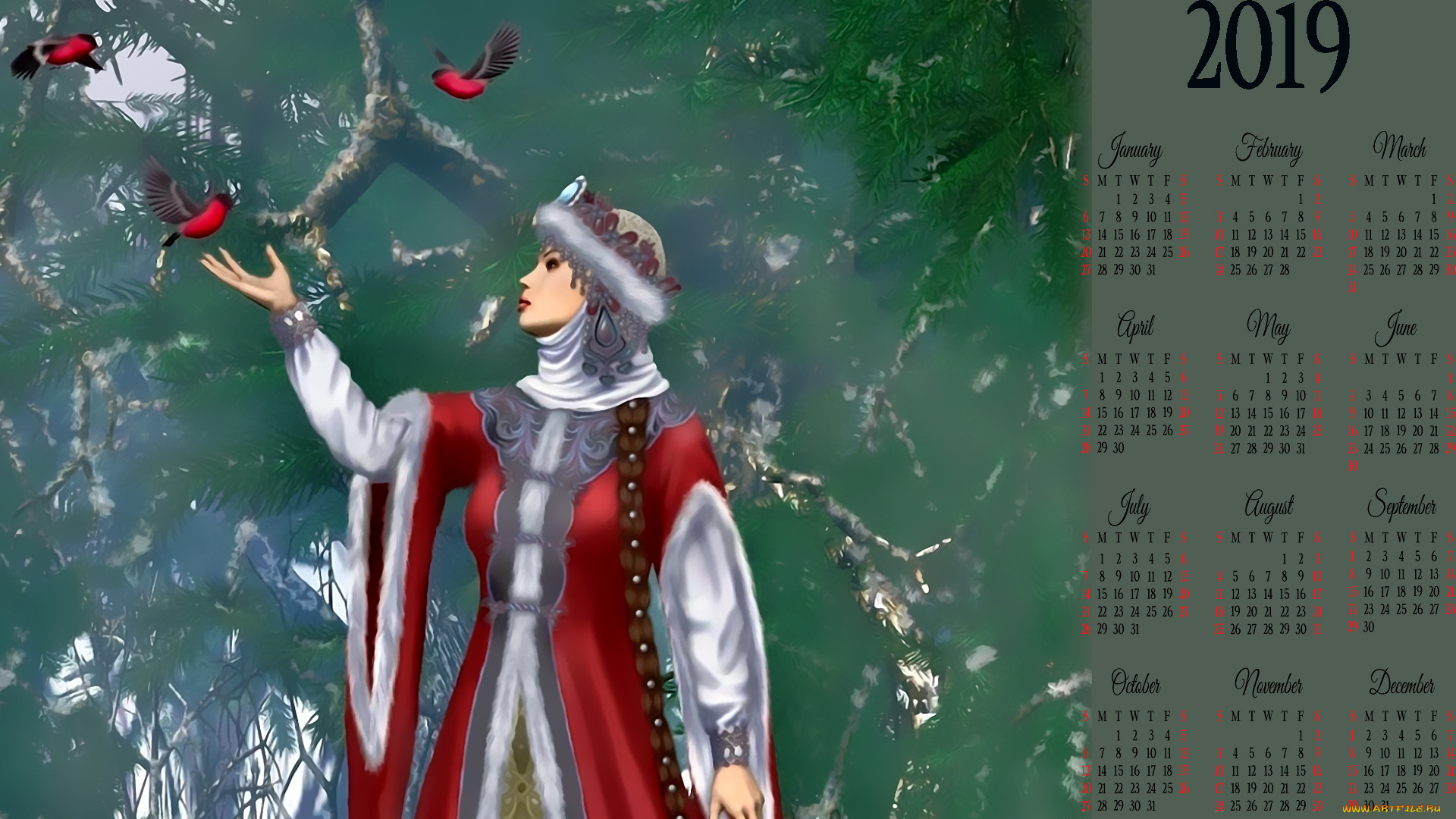 календари, фэнтези, calendar, шапка, дерево, птица, профиль, девушка