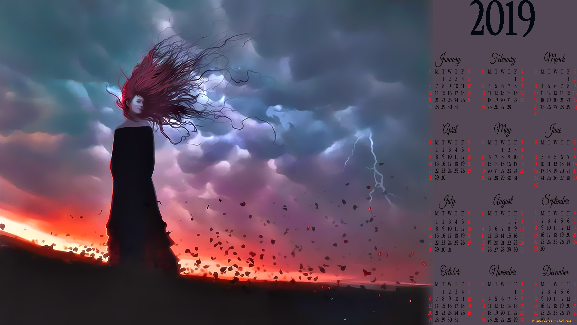 календари, фэнтези, молния, ветер, девушка