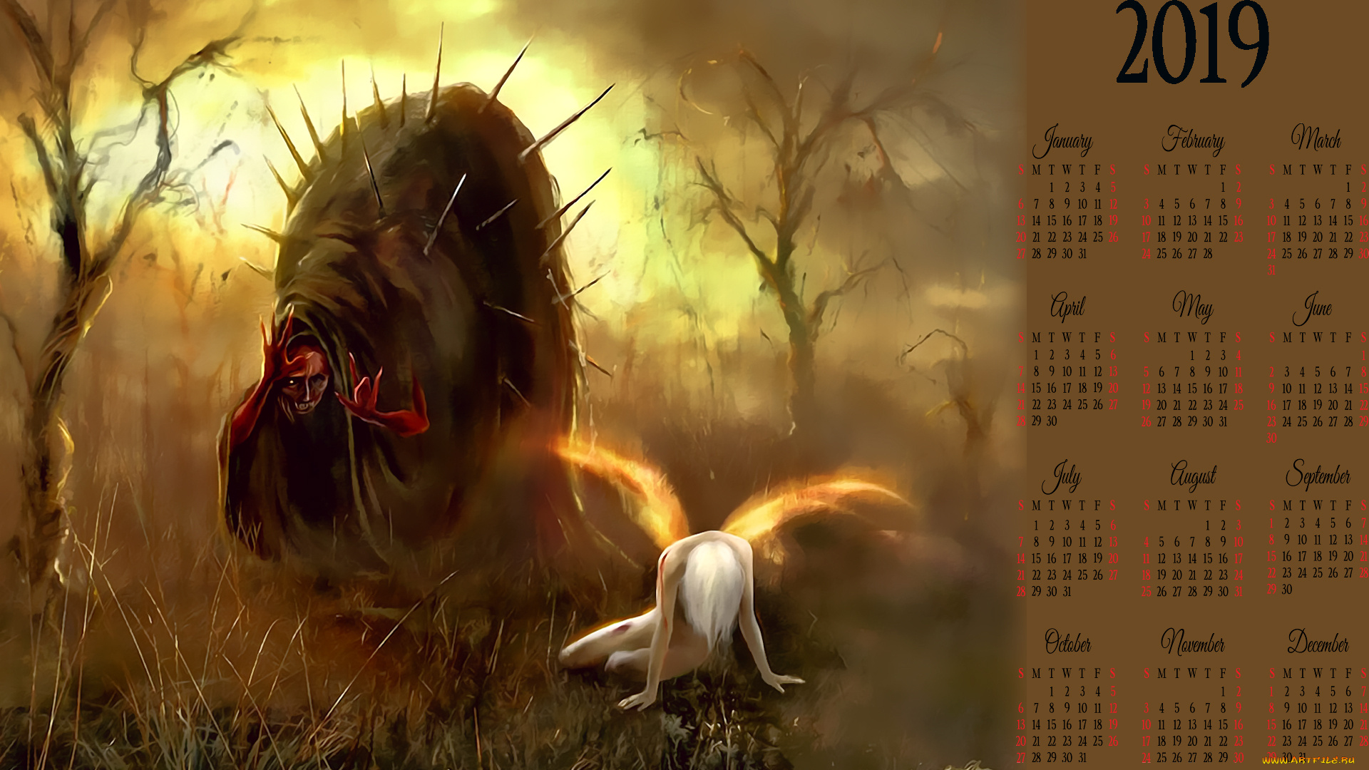 календари, фэнтези, трава, дерево, calendar, растение, природа, существо, девушка