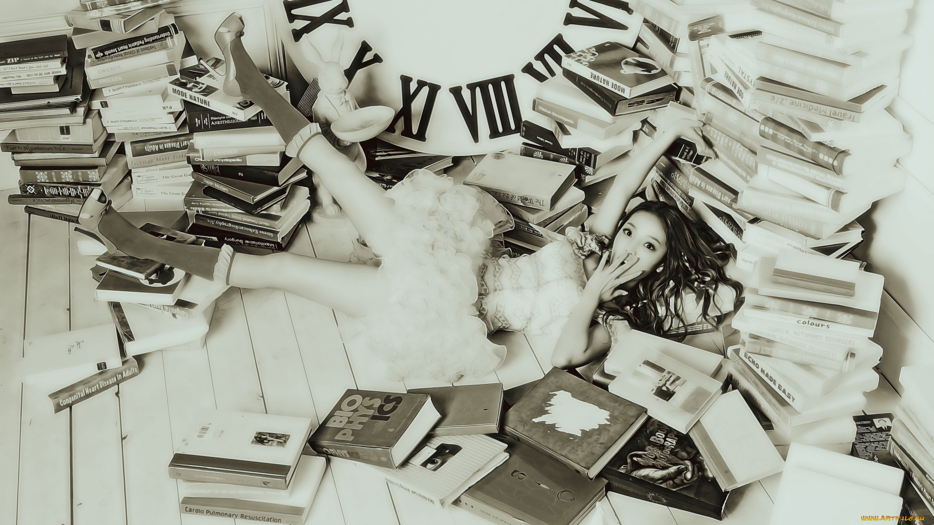 календари, компьютерный, дизайн, calendar, азиатка, девушка, лежать, часы, книга