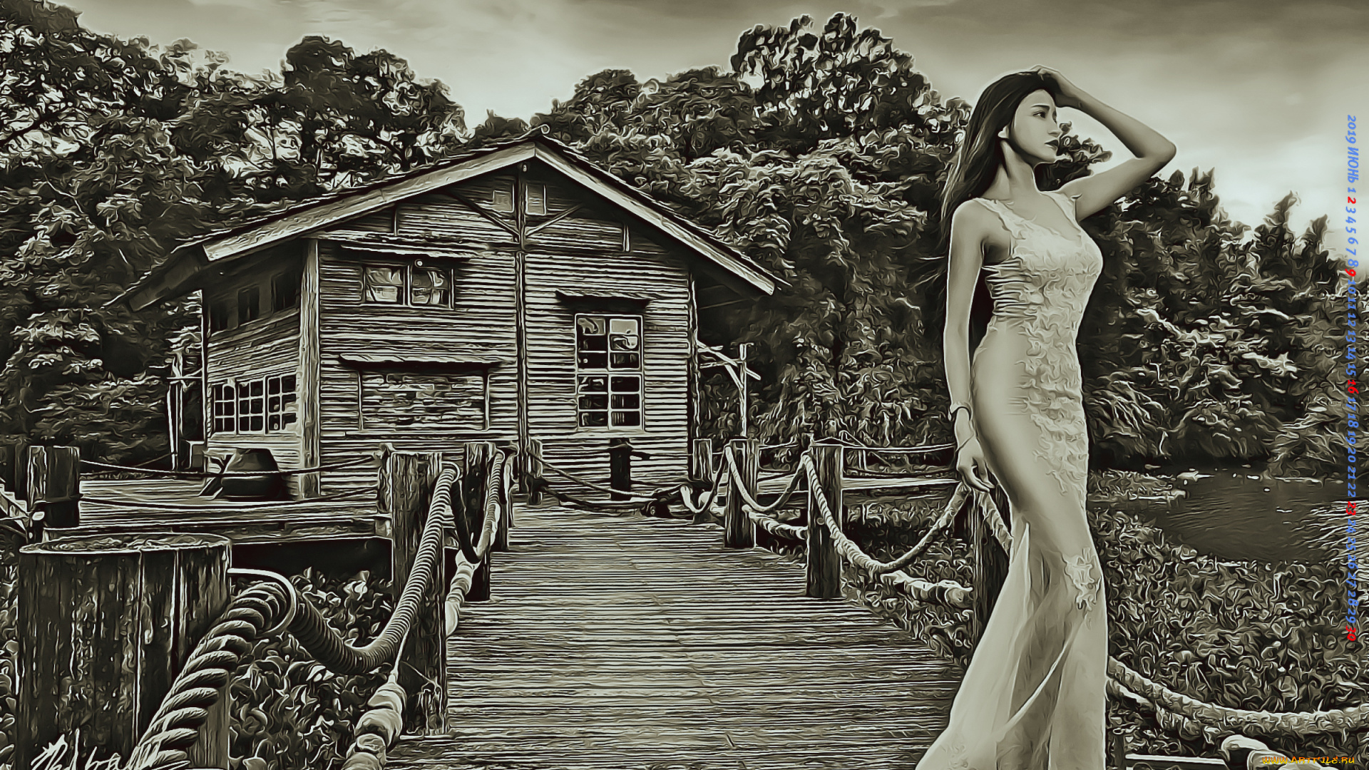 календари, компьютерный, дизайн, calendar, дерево, строение, дом, мост, здание, платье, девушка