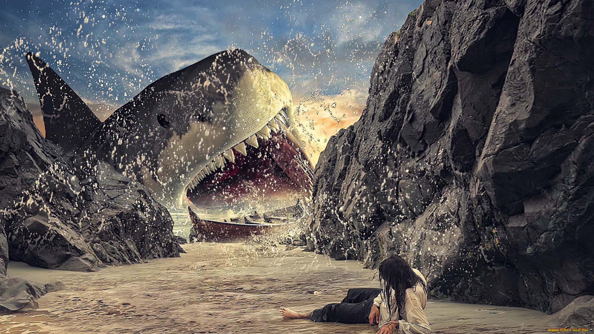 разное, компьютерный, дизайн, акула, скала, брызги, пляж, мужчины