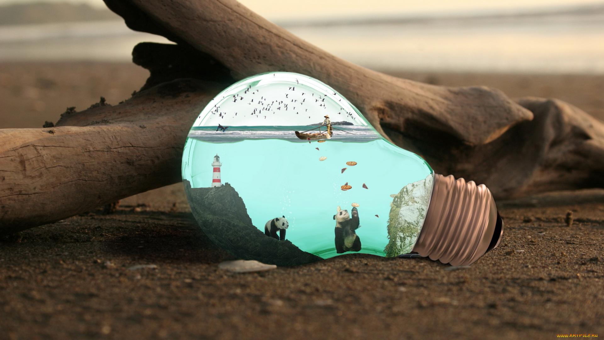 разное, компьютерный, дизайн, панды, маяк, рыбак, море, лампочка, коряга