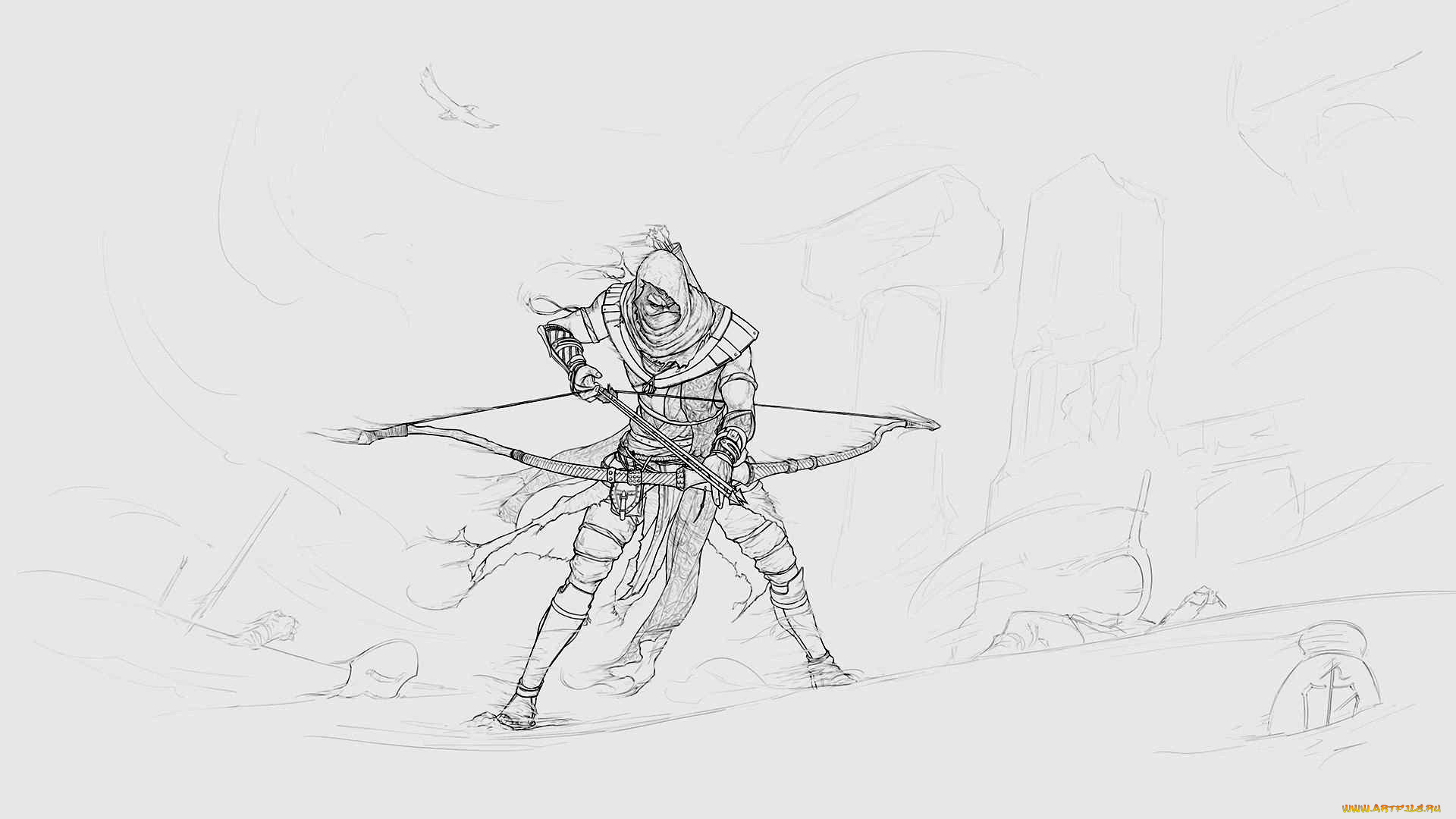 рисованное, люди, скетч, стрелы, лук, лучник, воин
