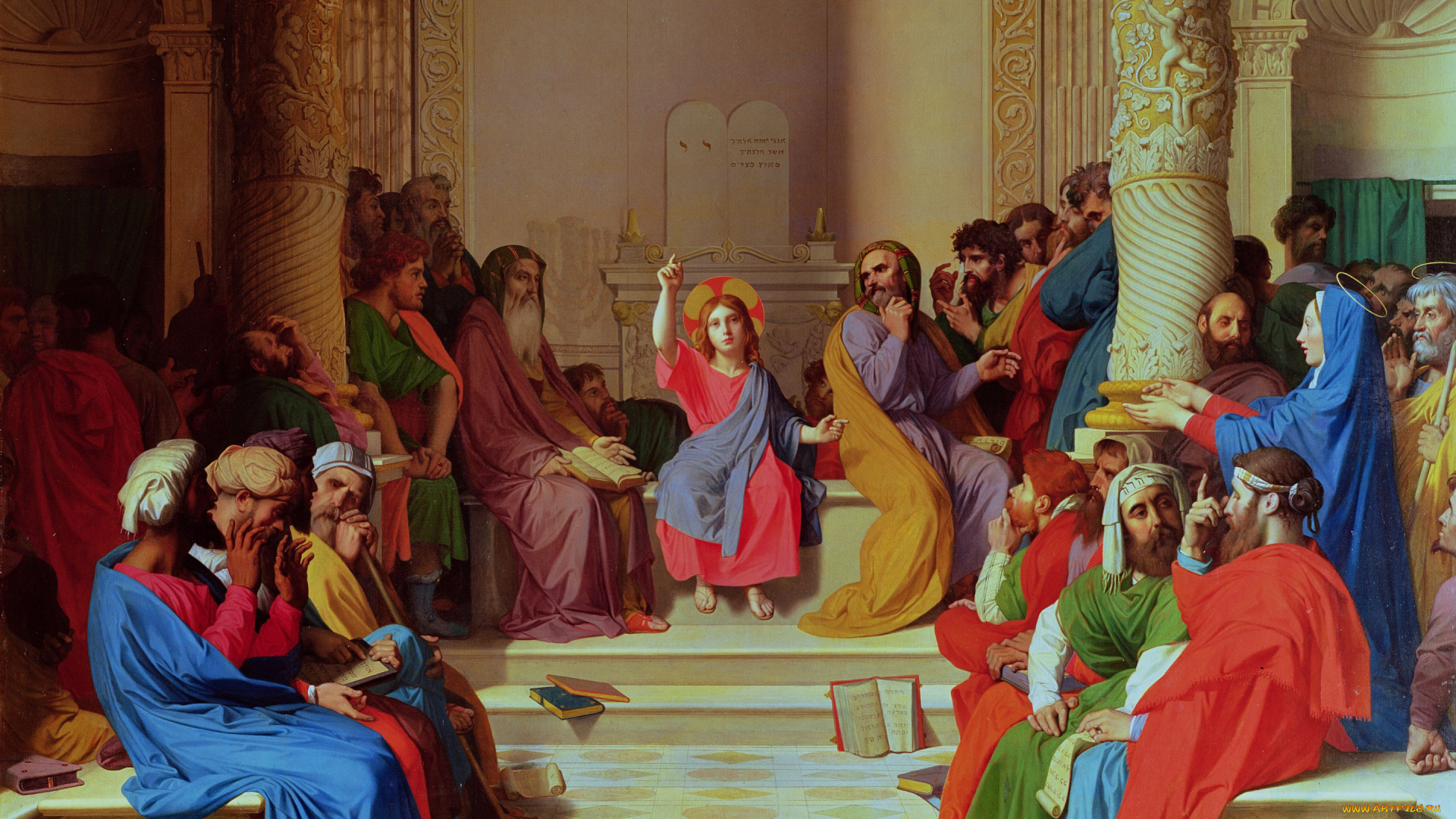 рисованное, религия, отрок, христос, среди, израильских, учителей, 1862, г, жан, огюст, доминик, энгр