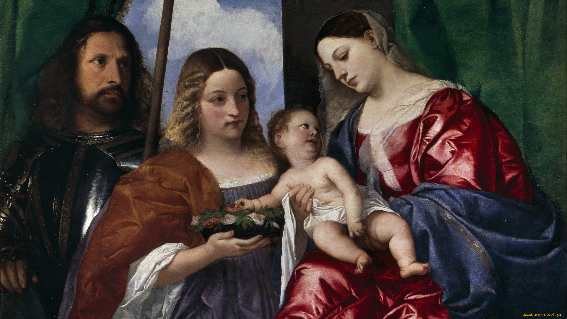 рисованное, живопись, мадонна, с, младенцем